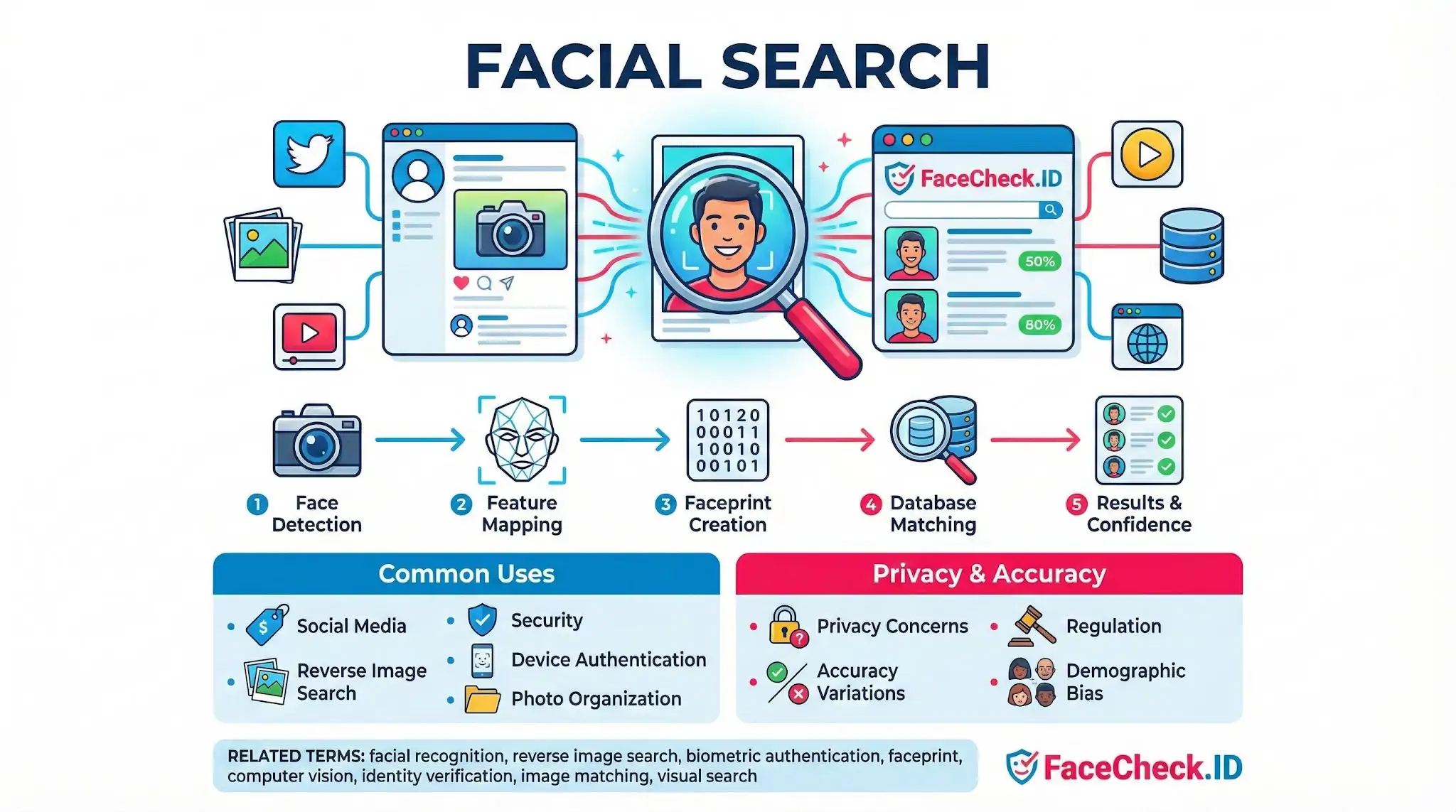 Facial Search infographic illustrating the 5-step process from Face Detection and Feature Mapping to Database Matching, along with common uses and privacy concerns.
