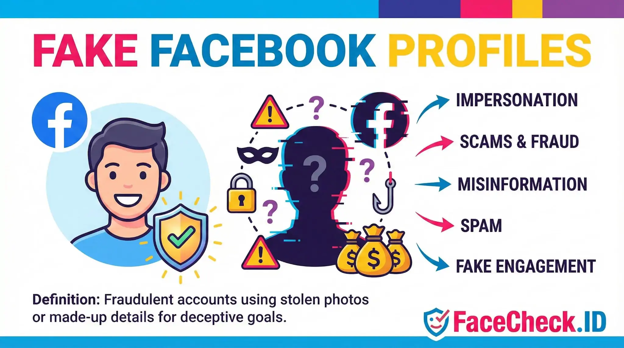 Infographic defining fake Facebook profiles as fraudulent accounts and accurately listing risks like impersonation, scams, fraud, and misinformation.
