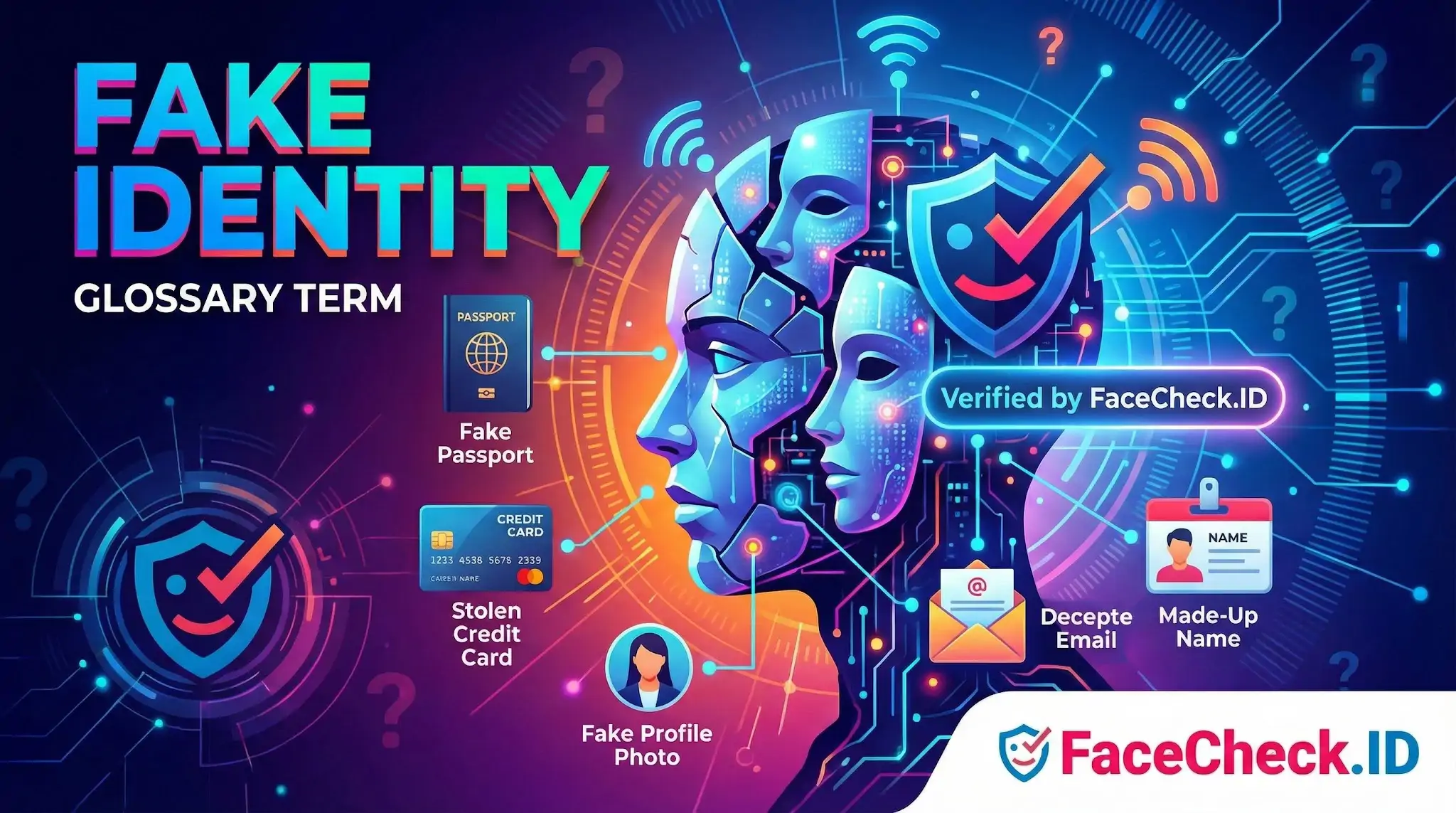 Glossary graphic for Fake Identity featuring a digital face and examples of fraud like fake passports, stolen credit cards, and made-up names.
