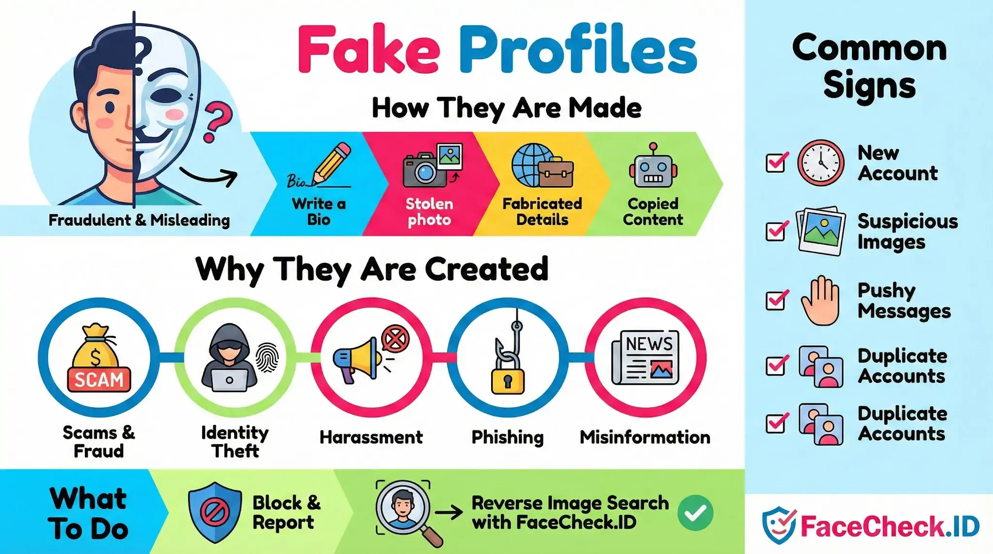 Infographic explaining how fake profiles are made using stolen photos, common signs like pushy messages, and why they exist for scams and phishing.