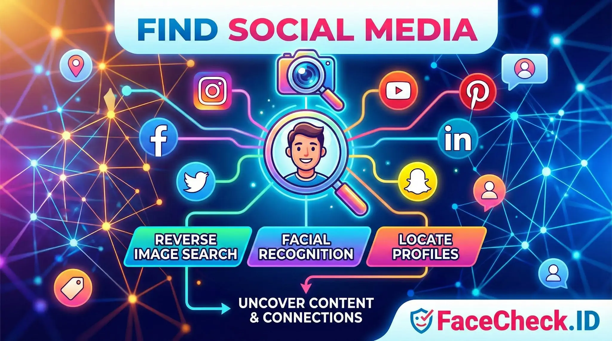 Find Social Media profiles using facial recognition technology. An infographic connects a central photo scan to icons for Facebook, Instagram, and LinkedIn to uncover content.