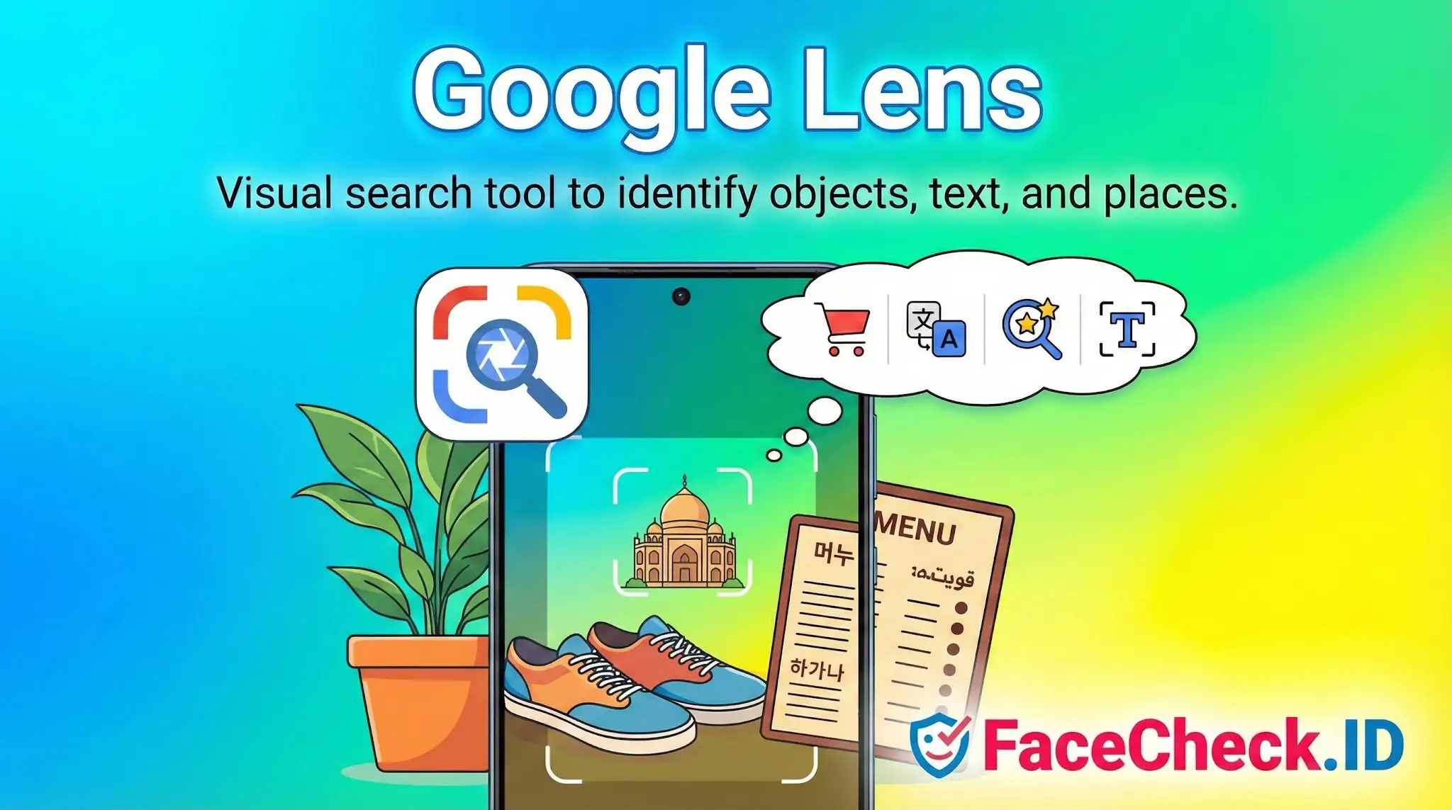 Google Lens visual search tool illustration showing a smartphone identifying shoes, a landmark, and translating a menu.