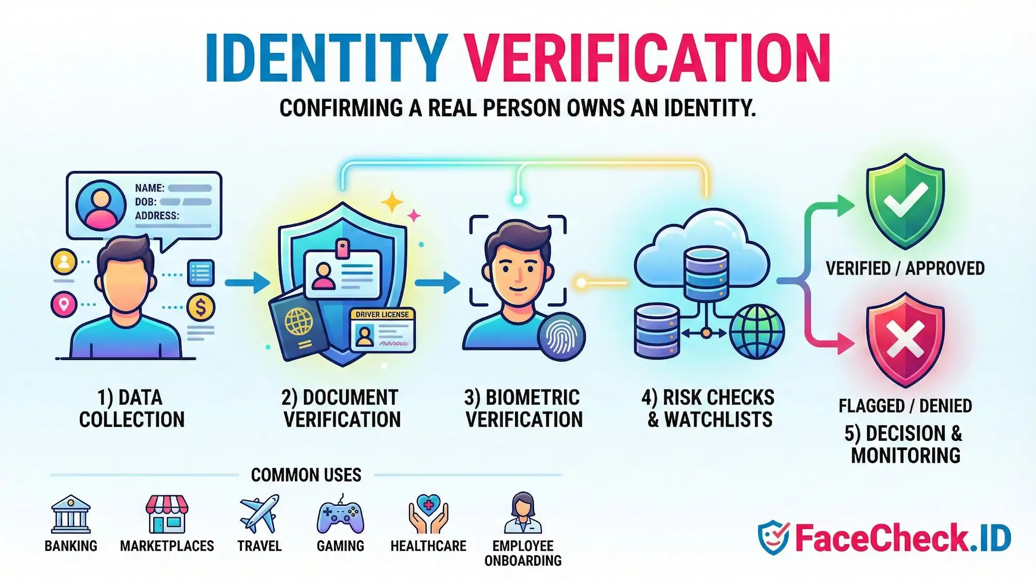 Identity verification process flowchart showing data collection, document and biometric verification, risk checks, and final approval or denial.