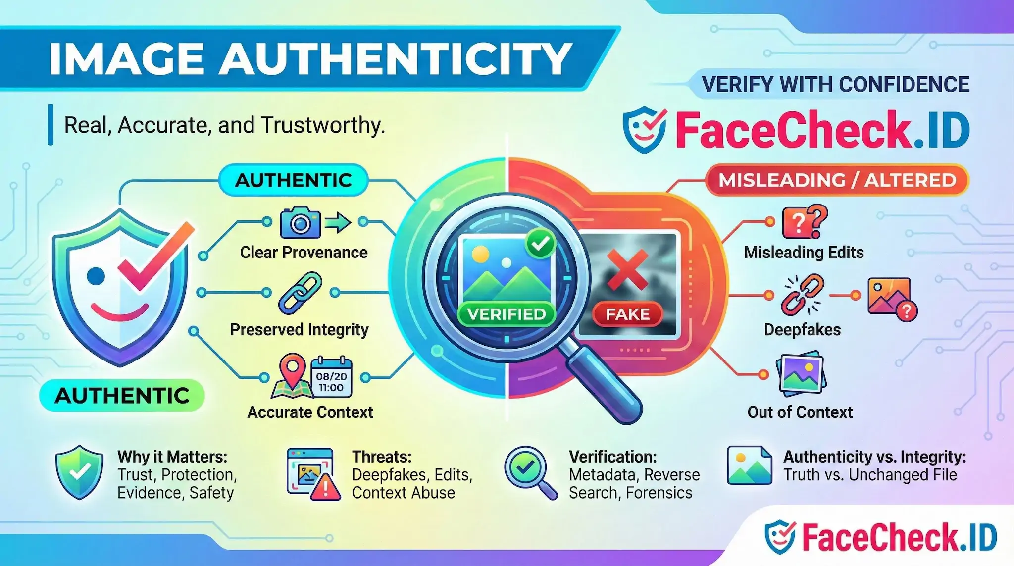 Infographic defining Image Authenticity comparing verified files with clear provenance versus misleading threats like deepfakes.