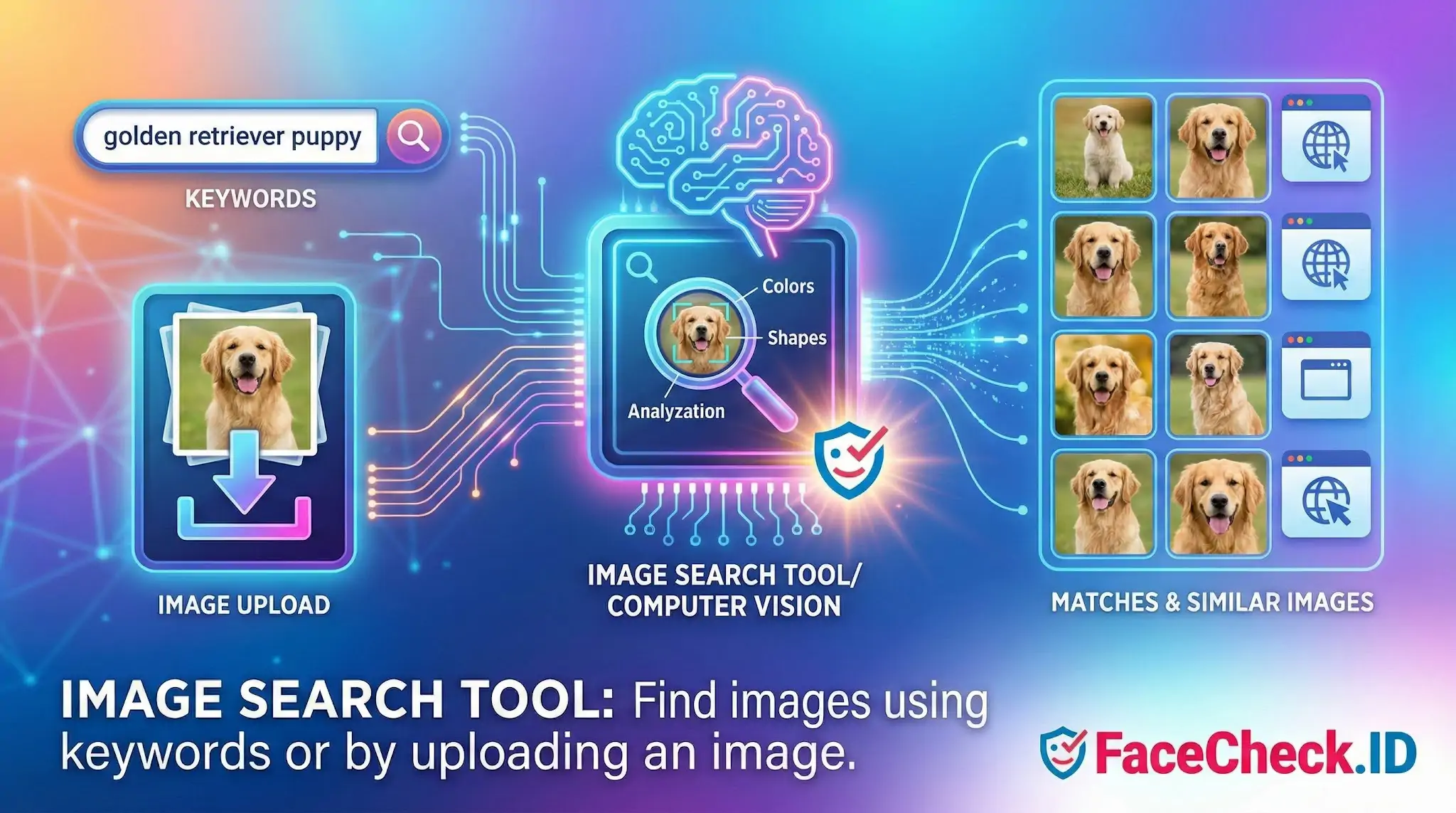 Infographic showing how an Image Search Tool works by analyzing keywords or uploaded photos to find similar dog images.