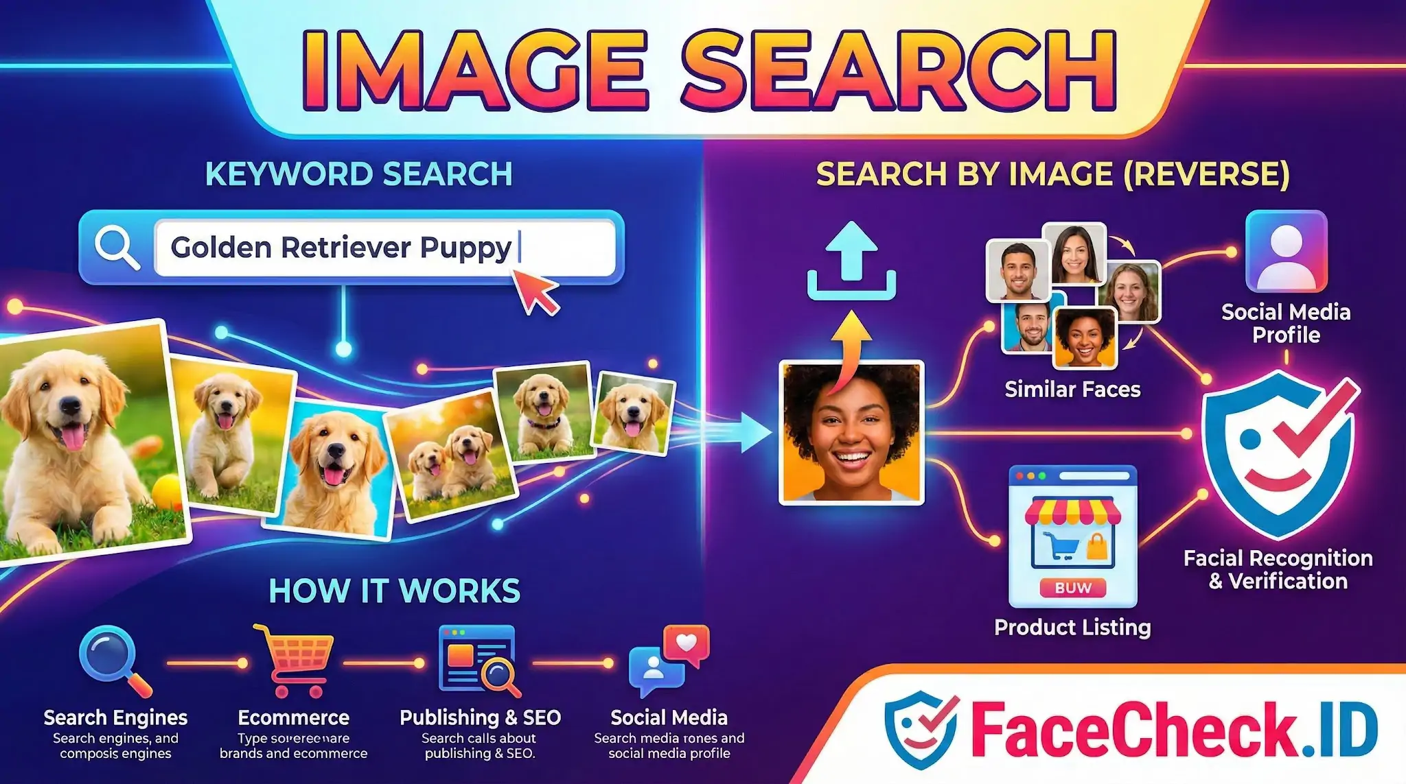 Infographic comparing keyword image search for puppies versus reverse search by image for facial recognition.