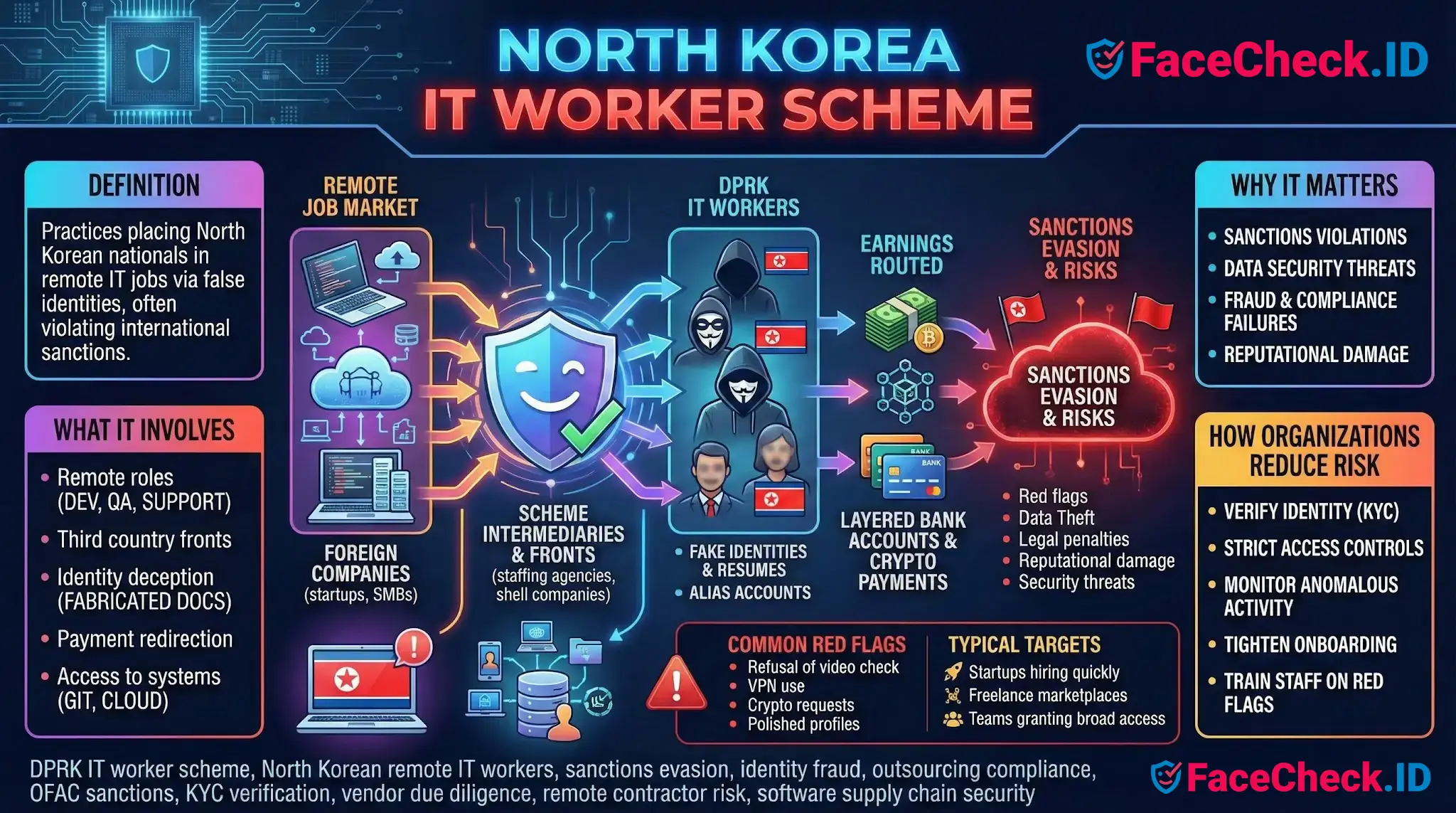 Infographic explaining the North Korea IT Worker Scheme, detailing how remote workers use false identities to evade sanctions.