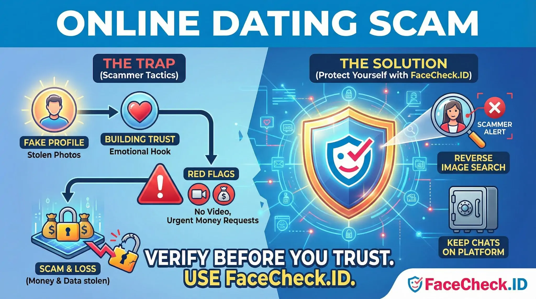 Infographic explaining the Online Dating Scam process: fake profiles, emotional hooks, and urgent money requests, versus solutions like FaceCheck.ID reverse image search.