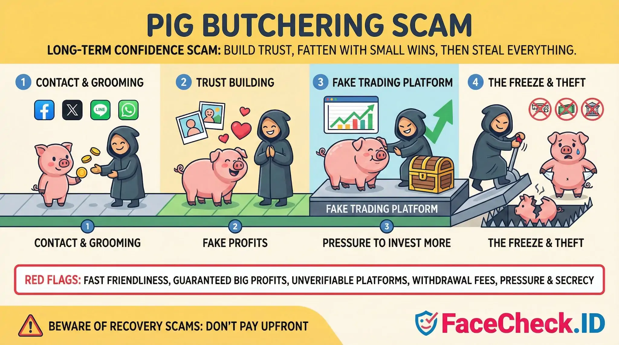 Infographic detailing the four stages of a Pig Butchering scam: contact, trust building, fake trading platforms, and final theft.