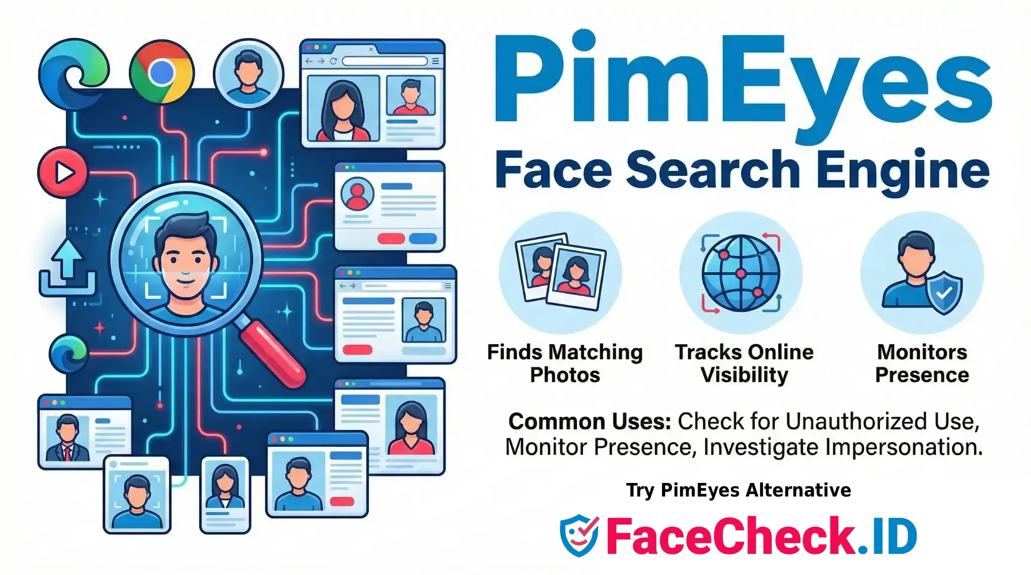 Illustration of PimEyes face search engine scanning faces across websites to find matching photos and monitor presence, suggesting FaceCheck.ID.