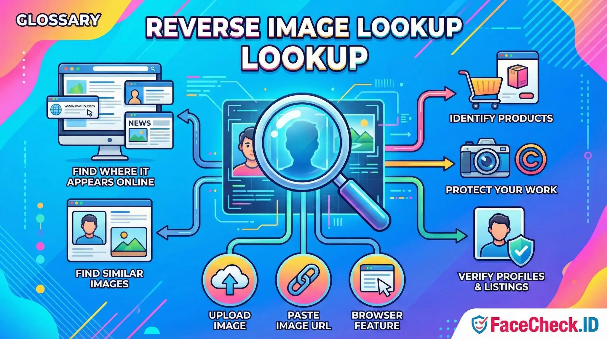 Infographic explaining Reverse Image Lookup uses, including finding visible sources, identifying products, and verifying profiles with tools like upload or URL paste.