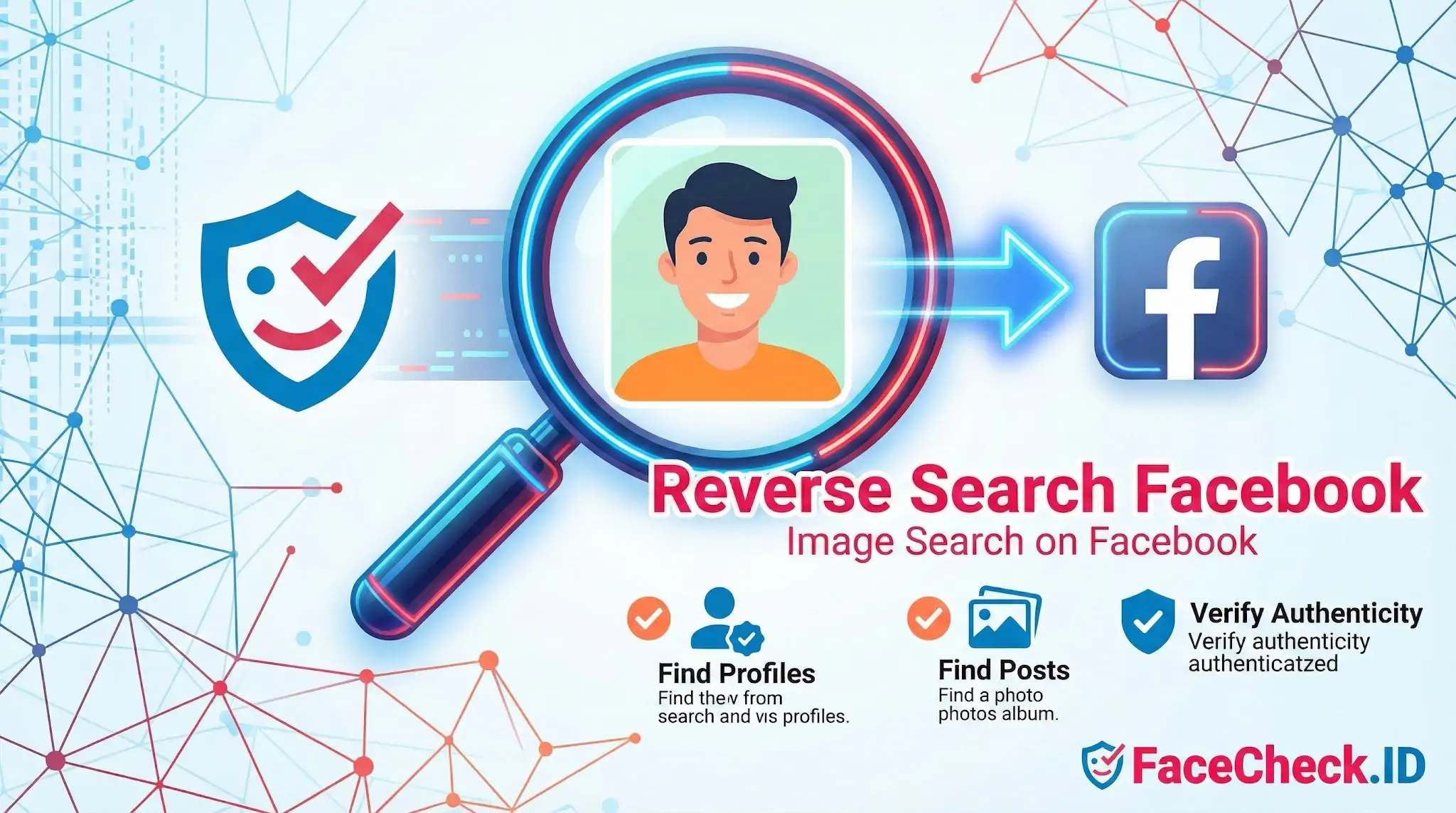 Magnifying glass over a user photo pointing to a logo for a Reverse Search Facebook tool by FaceCheck.ID.