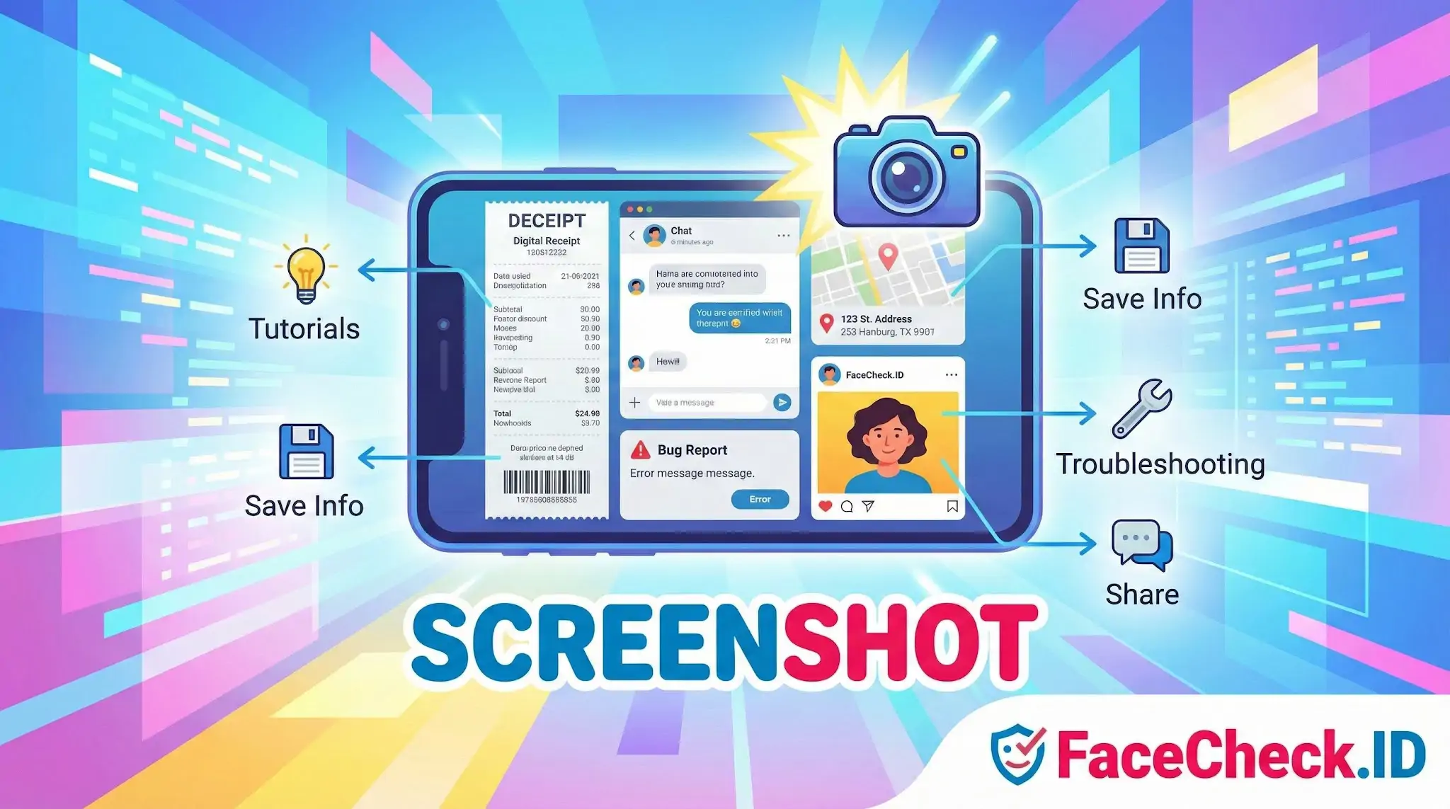 A smartphone taking a screenshot of a receipt, chat, and profile, with labeled arrows pointing to features like save info, tutorials, troubleshooting, and share.