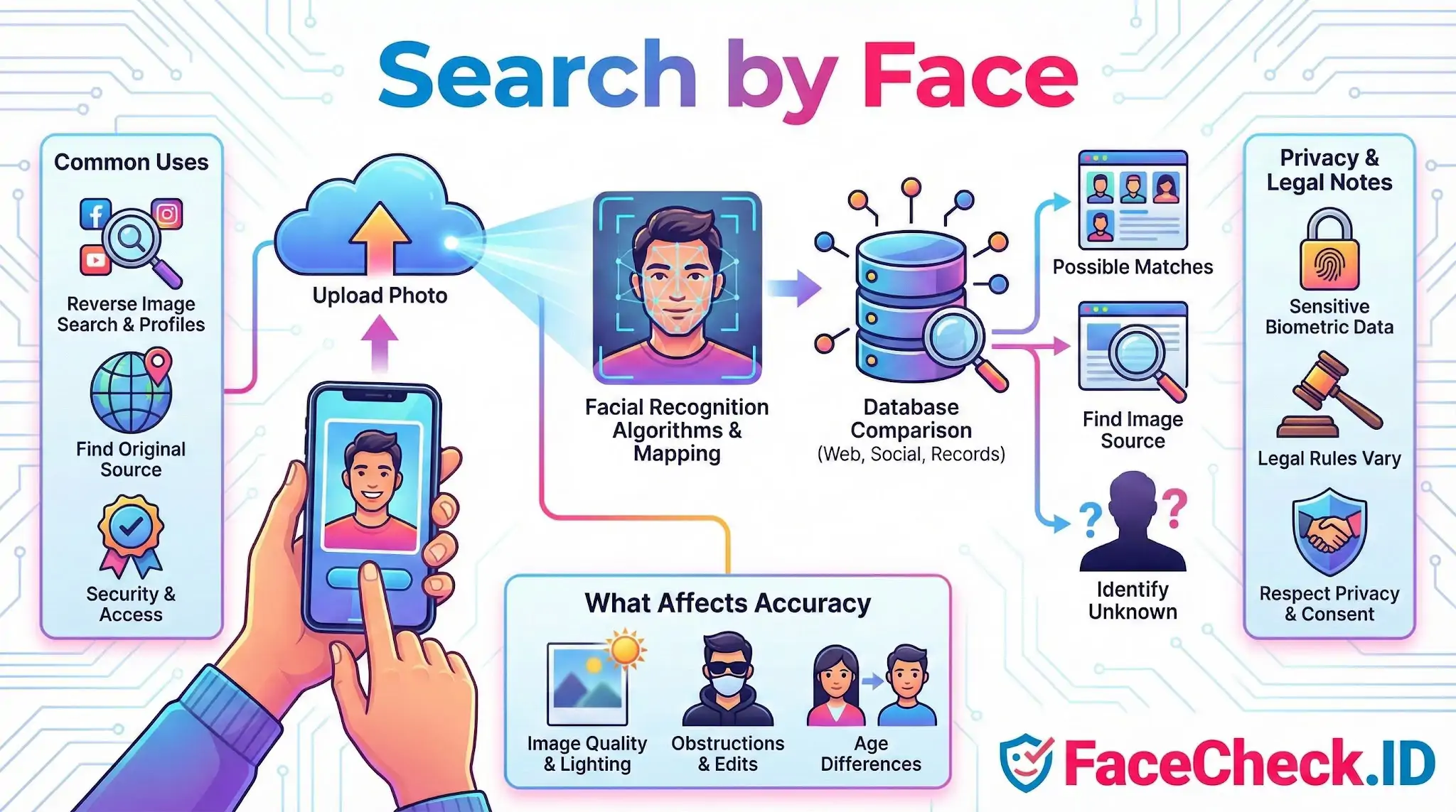 Infographic explaining the Search by Face process, showing steps from uploading a photo to facial recognition algorithms, database comparison, and final results like finding image sources.