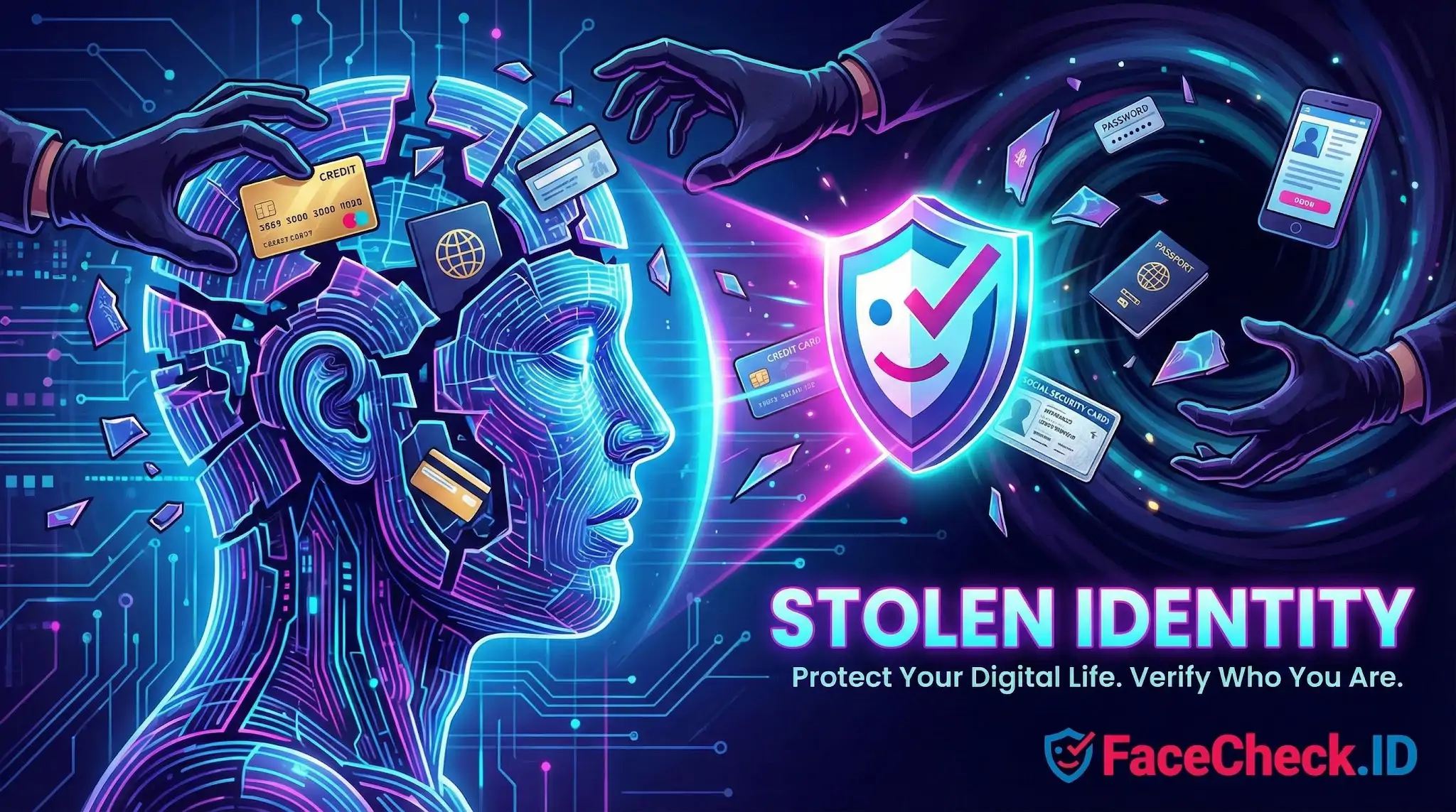 Hands pull credit cards and IDs from a digital persons fragmented head, symbolizing Stolen Identity next to a protective security shield.