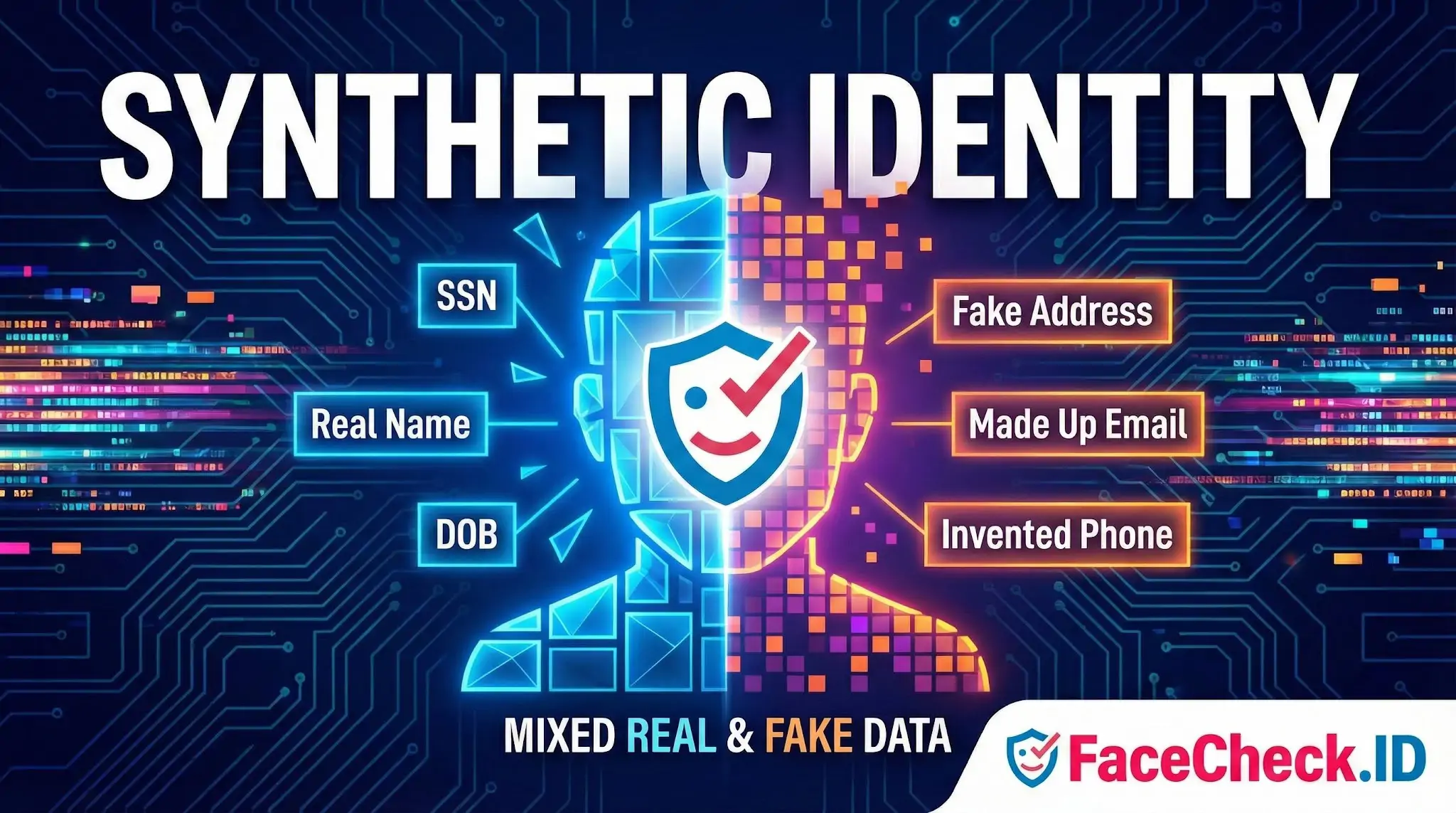 Infographic showing a synthetic identity as a split face combining real data like SSN with fake details like made-up emails.