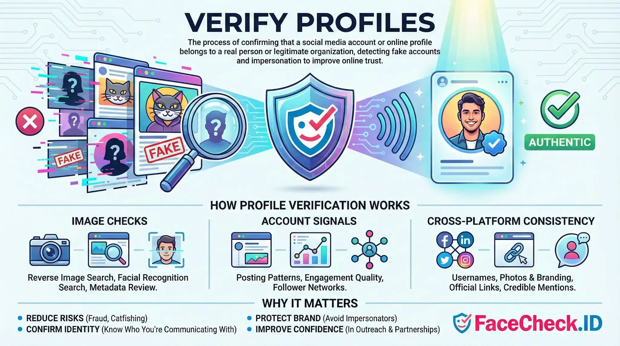 Verify profiles infographic illustrating the process of detecting fake accounts versus authentic identities using security checks and data verification.