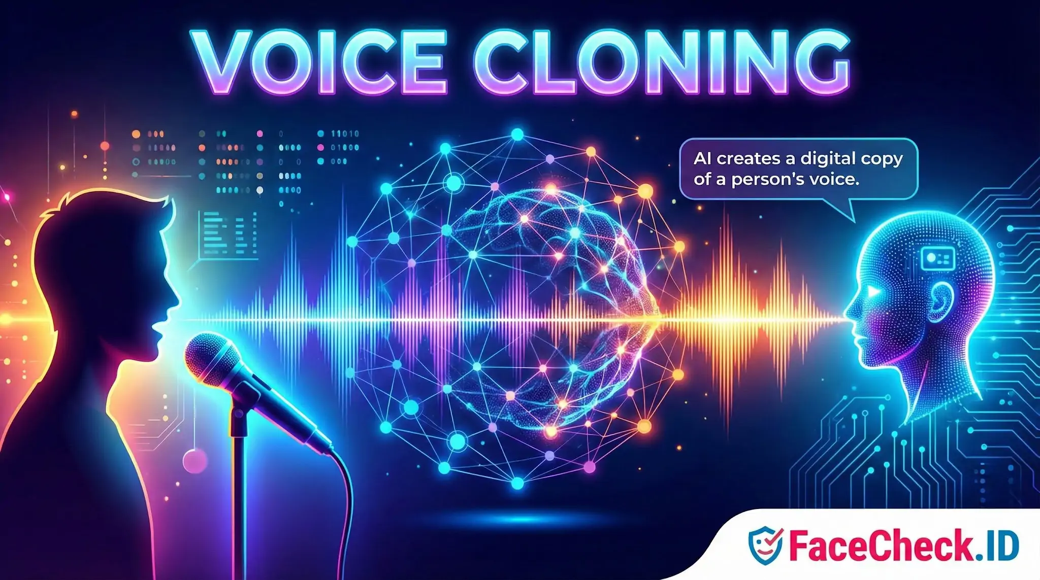 Voice cloning illustration where AI creates a digital copy of a persons voice as they speak into a microphone.