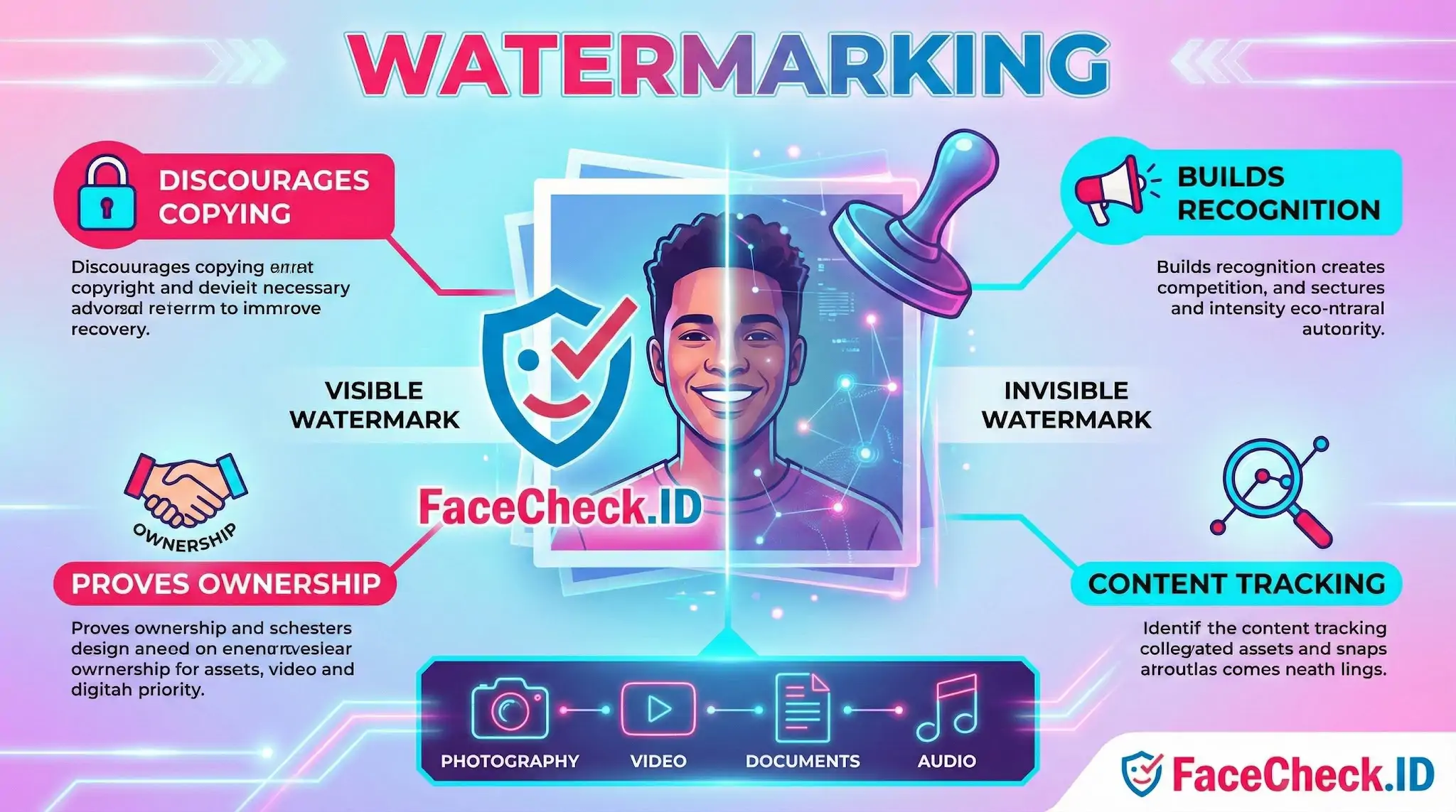 Watermarking infographic explaining benefits like discouraging copying, proving ownership, building recognition, and content tracking.