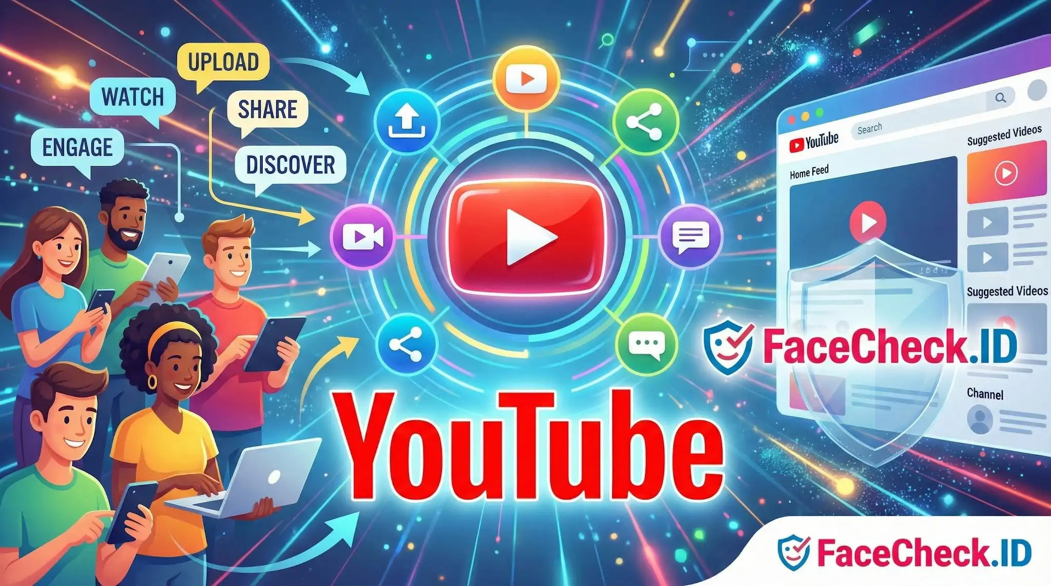 People watching and sharing videos on YouTube, surrounded by digital connection lines and a prominent FaceCheck.ID security shield.