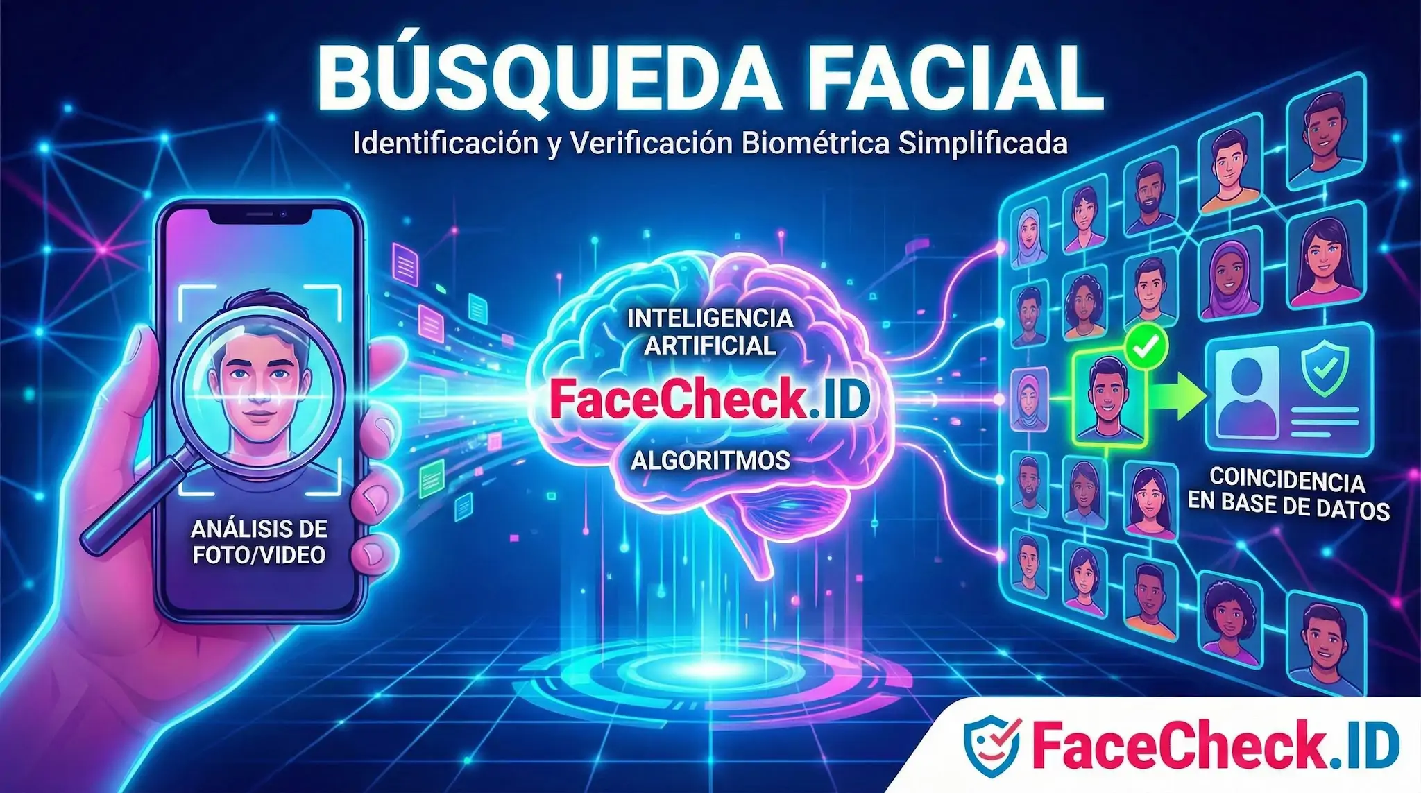 Infografía del proceso de Búsqueda Facial con FaceCheck.ID: escaneo móvil, análisis por IA y coincidencia biométrica en base de datos.