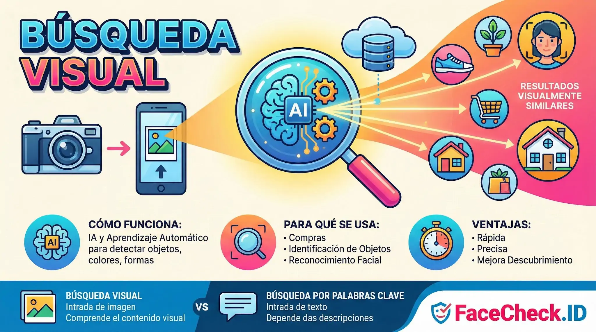 Infografía sobre Búsqueda Visual: muestra cómo la IA analiza imágenes para encontrar resultados similares y explica sus ventajas y usos.