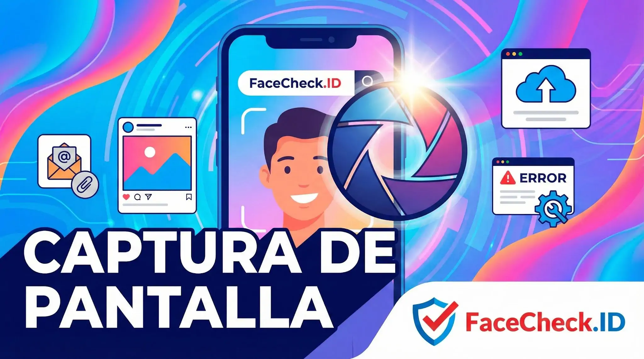 Ilustración de un móvil escaneando una cara con un icono de obturador, representando una captura de pantalla para búsqueda con FaceCheck.ID.