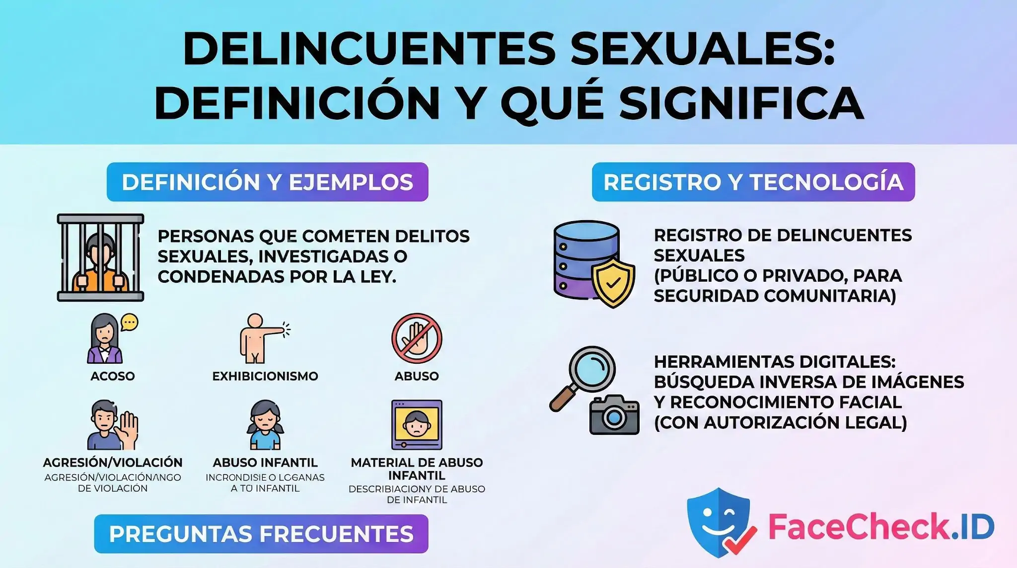 Infografía sobre delincuentes sexuales: definición, tipos de delitos como abuso y acoso, y el uso de registros y tecnología para seguridad.