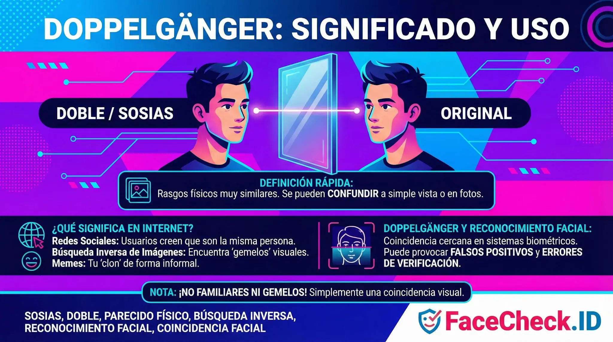 Infografía sobre el significado de Doppelgänger: sosias físicos que comparten rasgos similares y confunden al reconocimiento facial.
