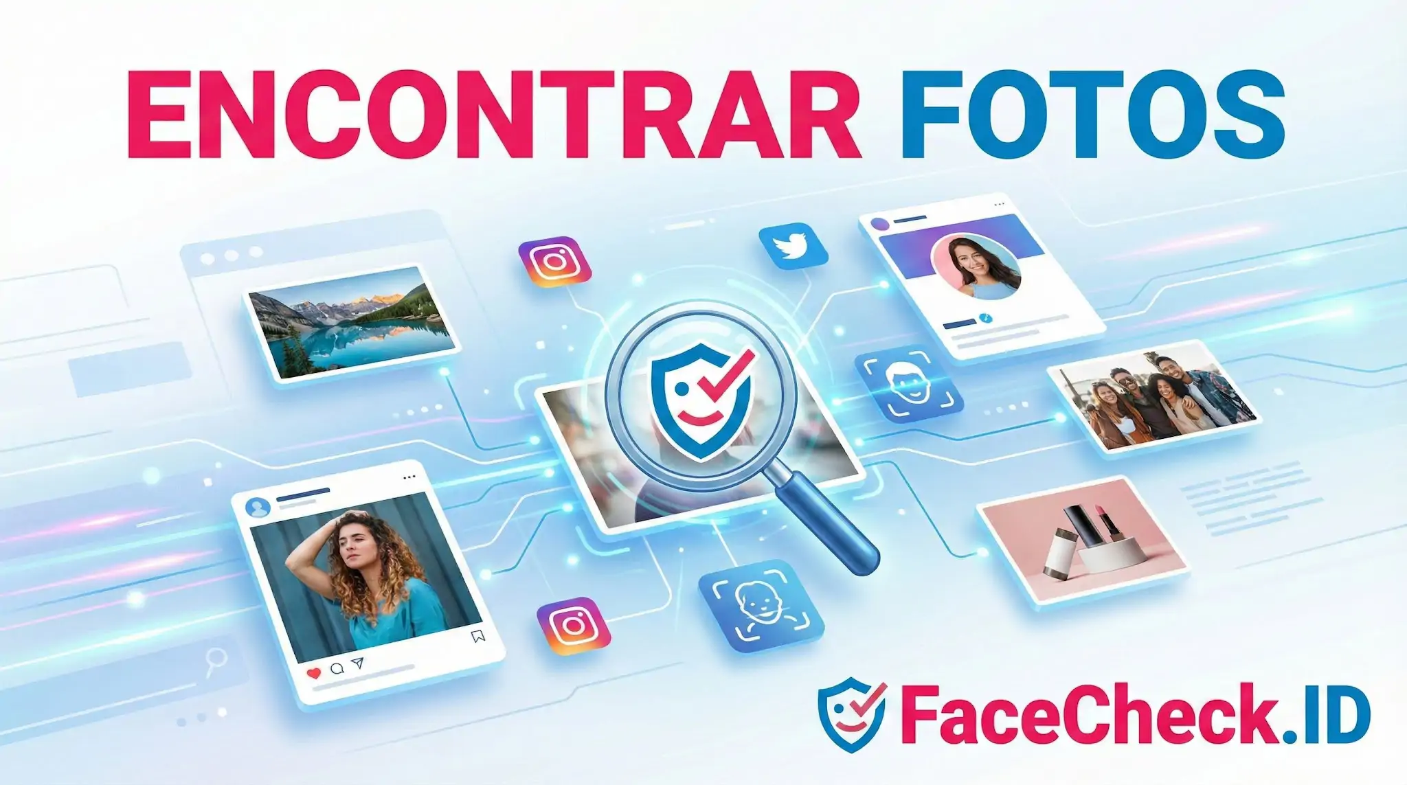Ilustración digital con el título Encontrar Fotos, mostrando una lupa escaneando perfiles de redes sociales y el logo de FaceCheck.ID.