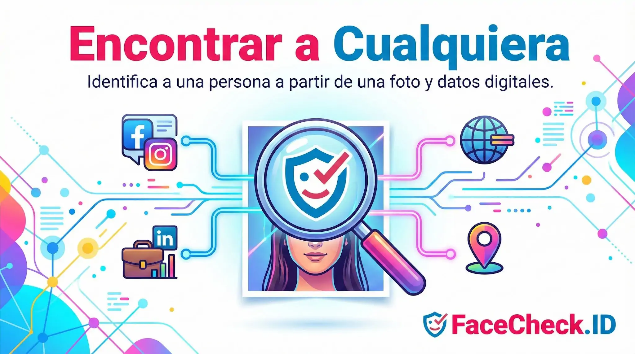 Ilustración de una lupa escaneando un rostro conectado a redes sociales para Encontrar a Cualquiera a partir de una foto.