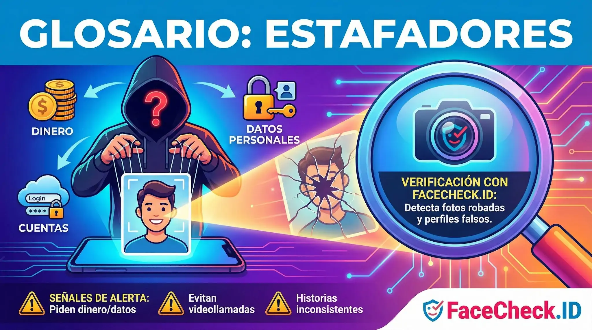Infografía sobre estafadores que roban datos y dinero, mostrando cómo detectar perfiles falsos usando la herramienta FaceCheck.ID.
