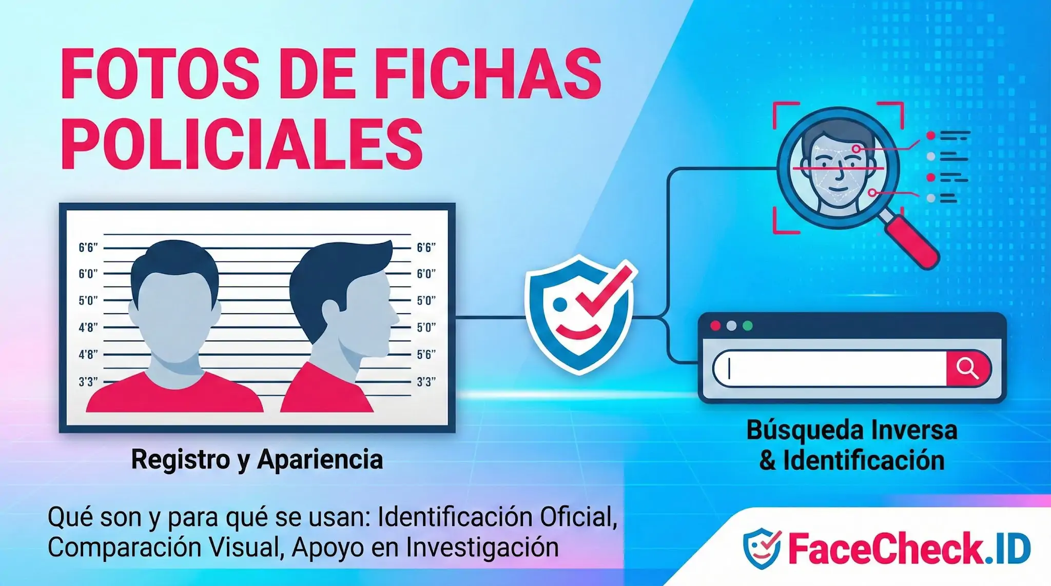 Fotos De Fichas Policiales Diagrama mostrando el uso de fotos de fichas policiales para identificación oficial y búsqueda inversa mediante comparación visual en FaceCheck.ID.
