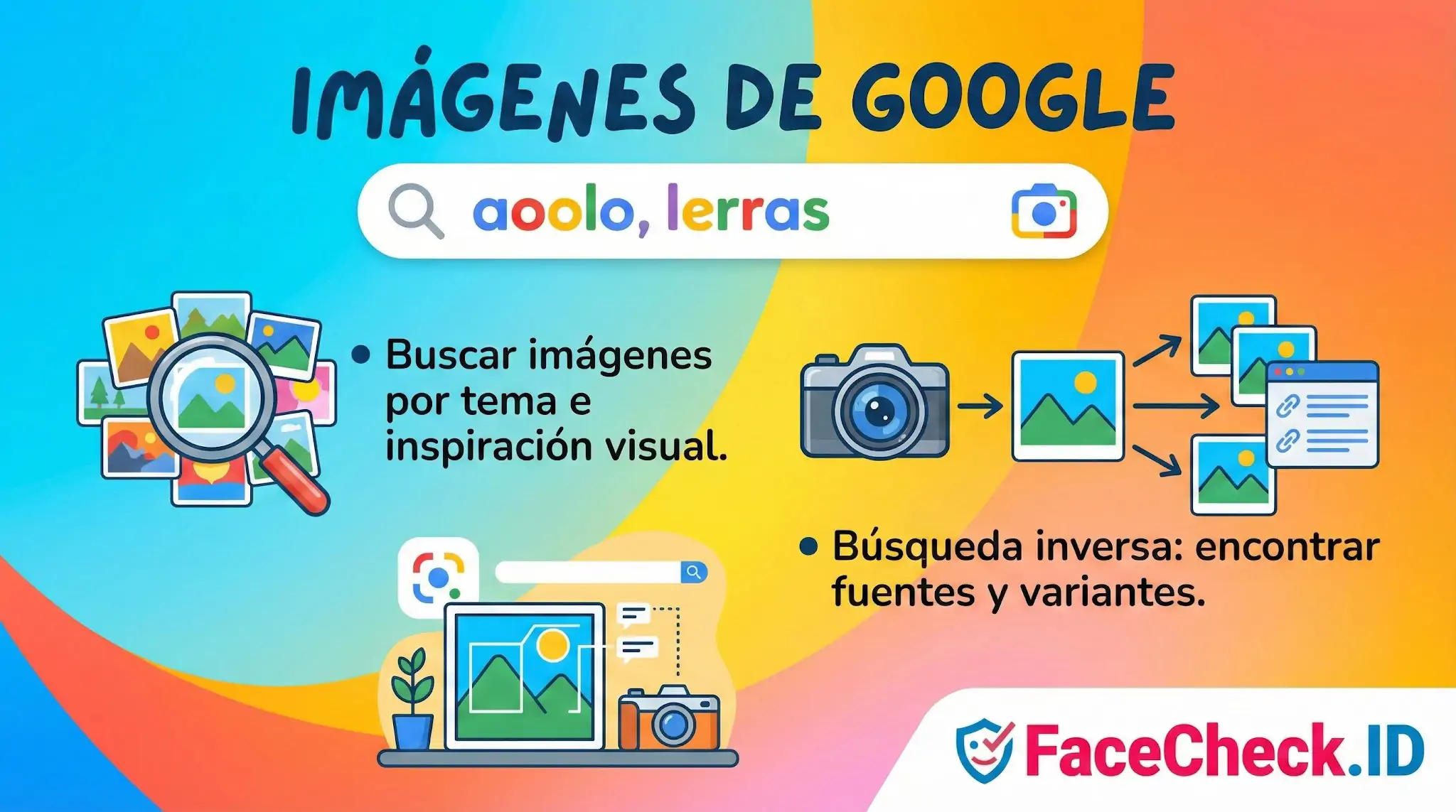 Infografía sobre Imágenes de Google que explica cómo buscar por tema o realizar una búsqueda inversa para hallar fuentes.