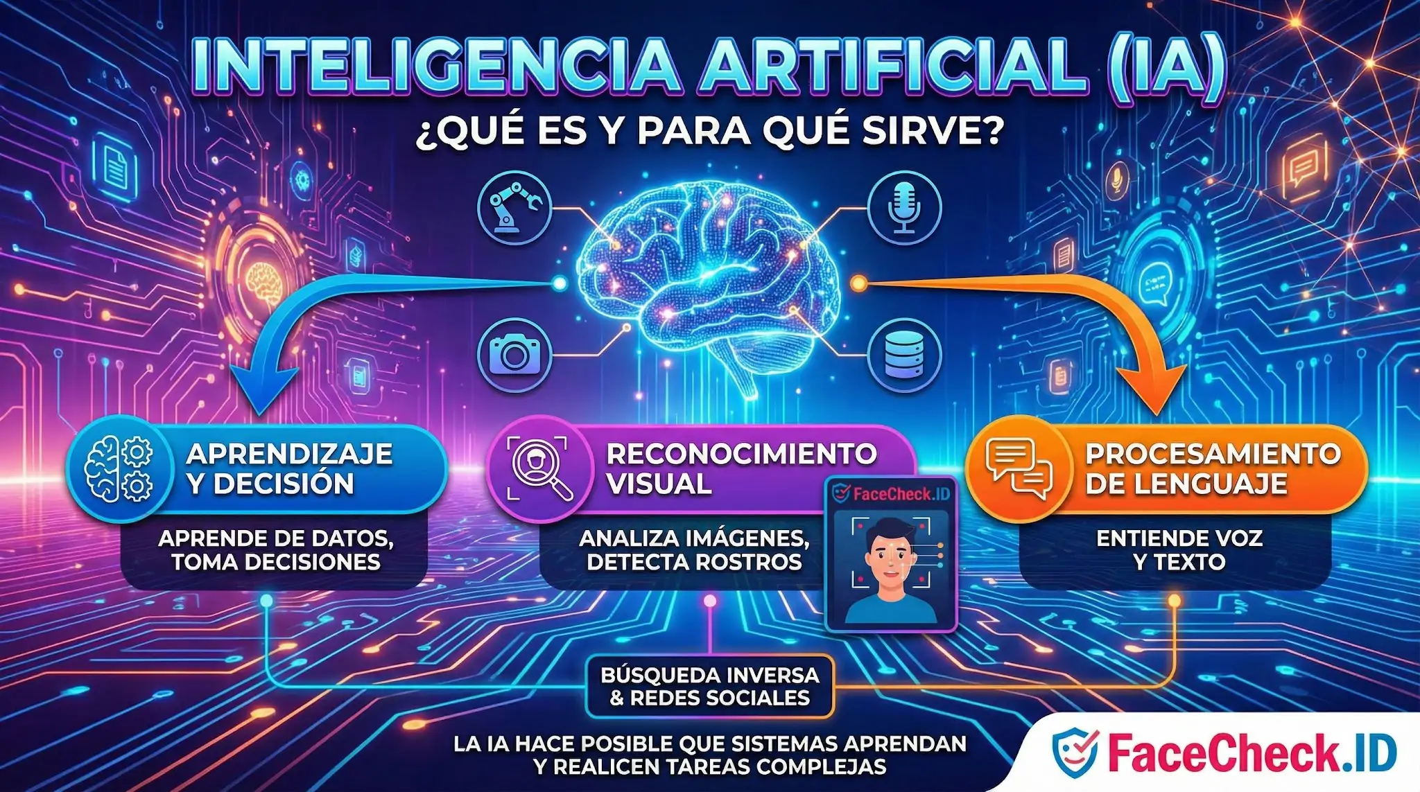 Infografía sobre inteligencia artificial explicando aprendizaje y decisión, reconocimiento visual y procesamiento de lenguaje.