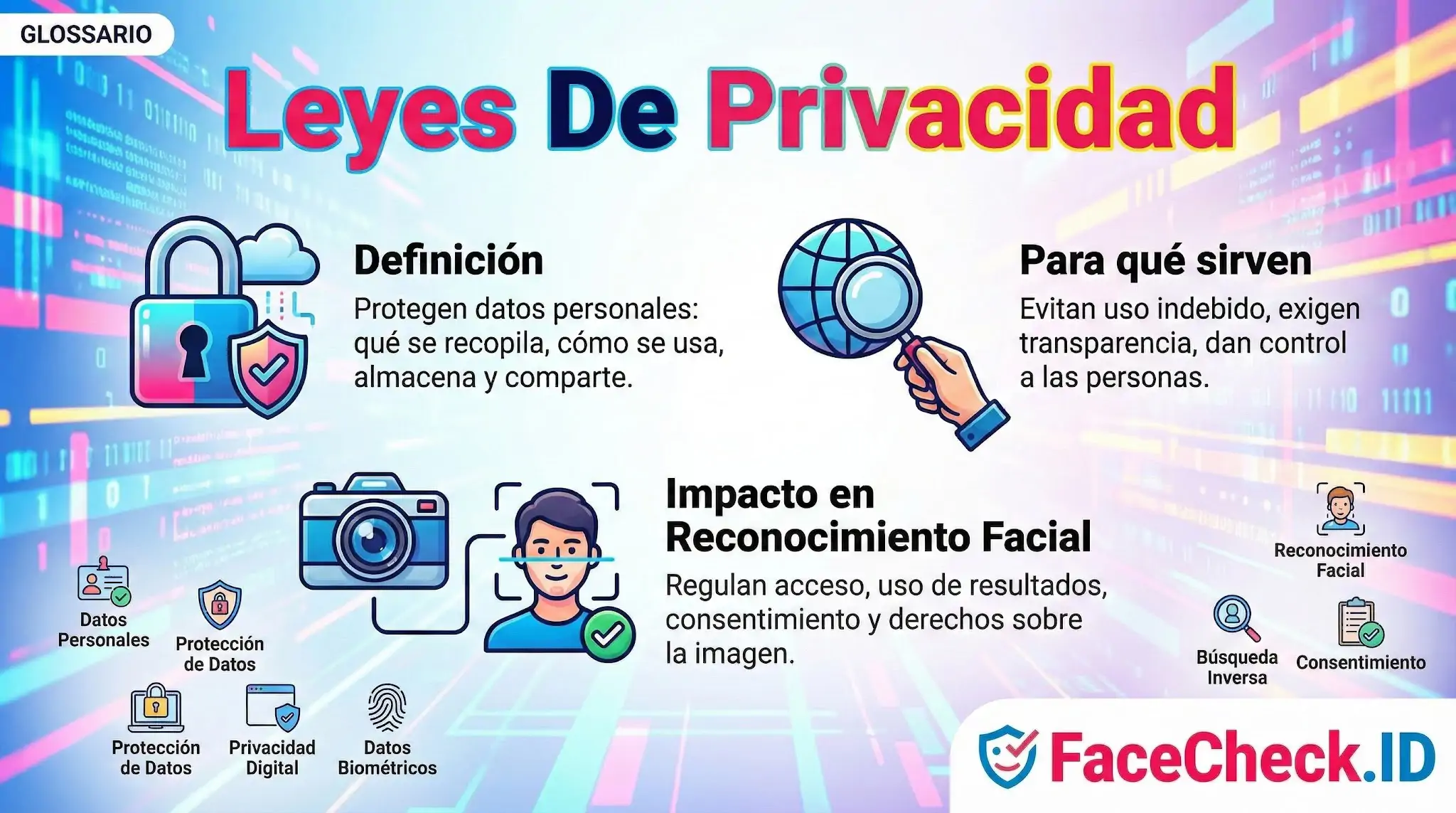 Infografía sobre Leyes De Privacidad explicando qué son, para qué sirven y cómo regulan el reconocimiento facial y la protección de datos.