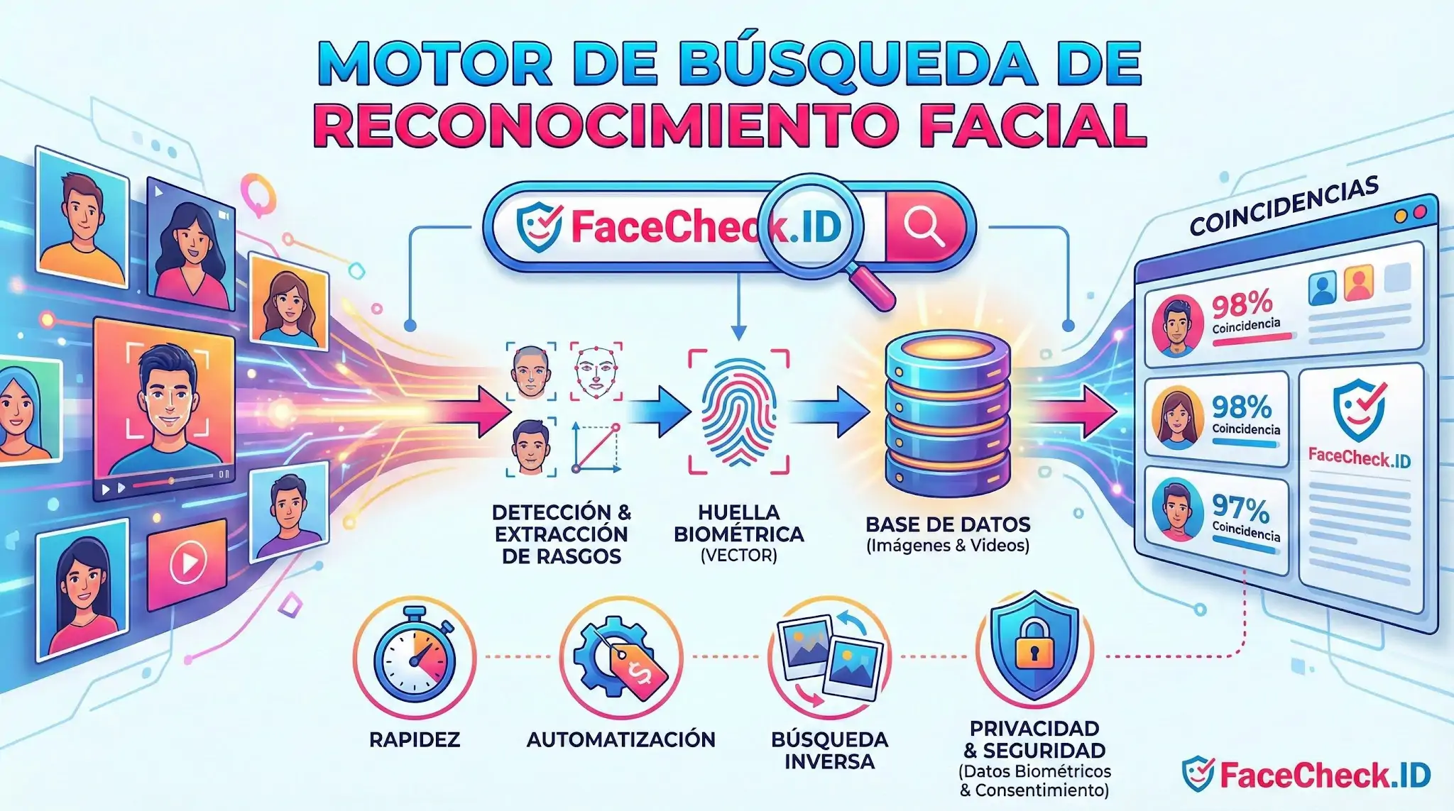 Motor De Búsqueda De Reconocimiento Facial Diagrama del Motor De Búsqueda De Reconocimiento Facial de FaceCheck.ID mostrando el proceso de detección, huella biométrica y coincidencias.