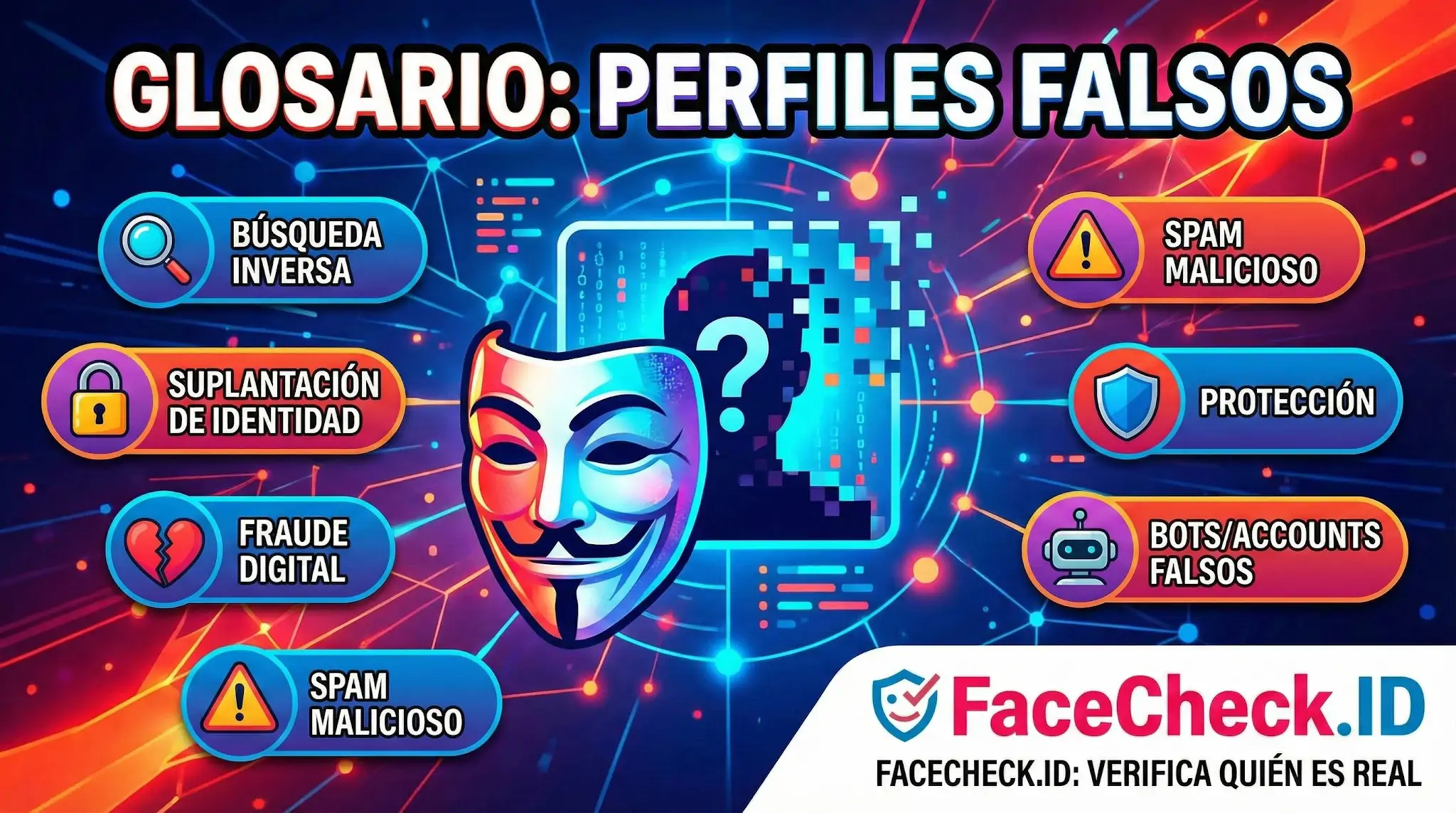 Glosario de perfiles falsos que destaca conceptos clave como suplantación de identidad, fraude digital, bots, spam malicioso y protección.