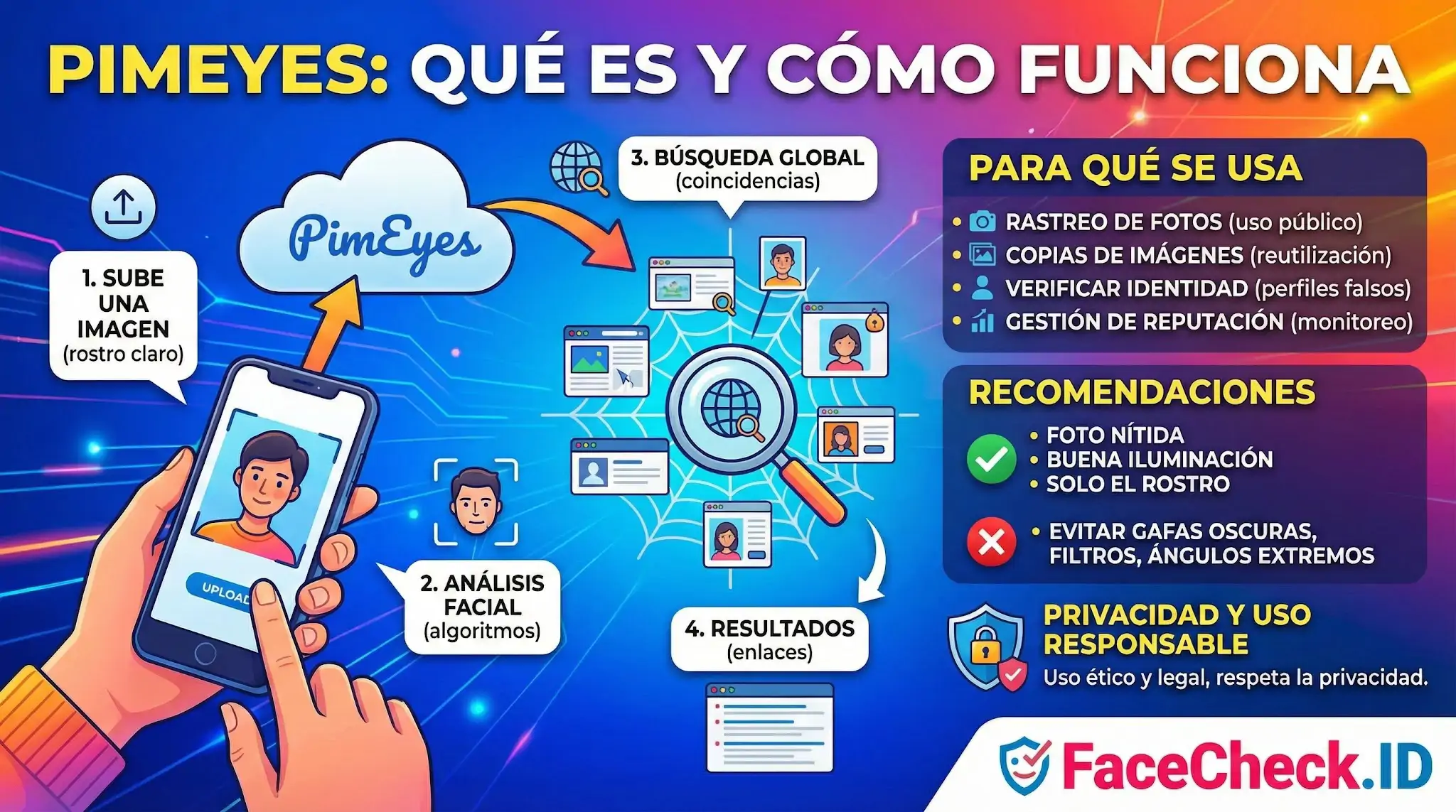 Infografía sobre PimEyes explicando cómo funciona el reconocimiento facial, desde subir una foto hasta encontrar coincidencias y gestionar la reputación online.
