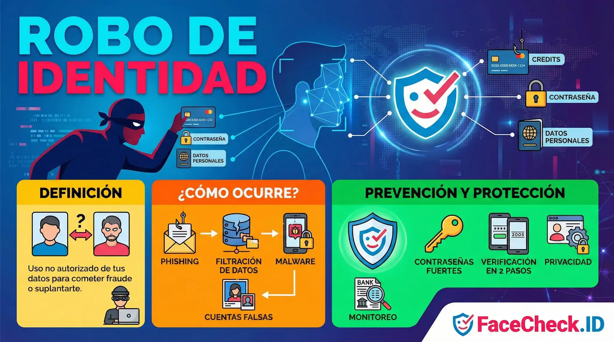 Infografía sobre el Robo de Identidad que explica su definición, cómo ocurre mediante phishing y malware, y métodos de protección como contraseñas fuertes.