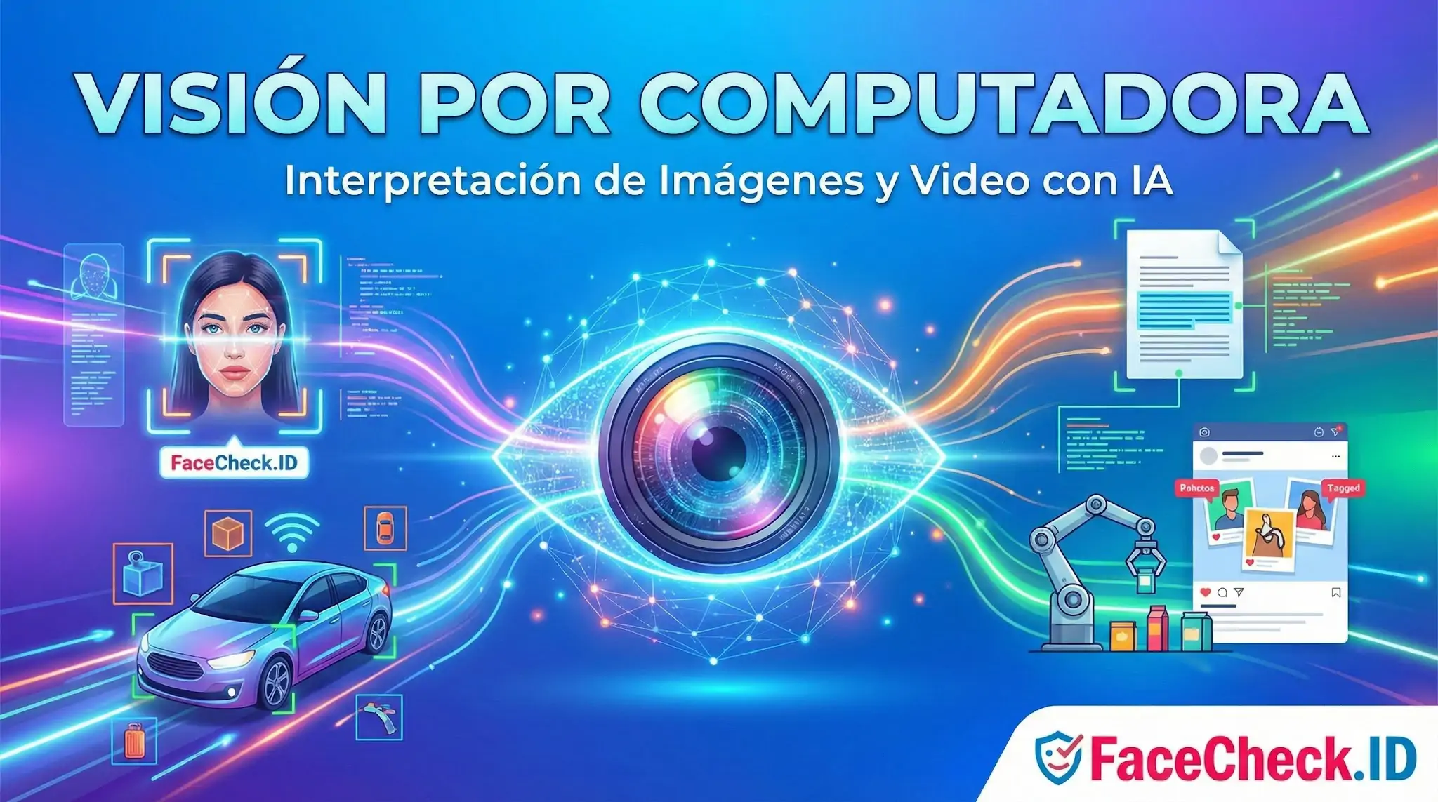 Ilustración de visión por computadora con un ojo digital central que analiza rostros, vehículos y documentos mediante IA.