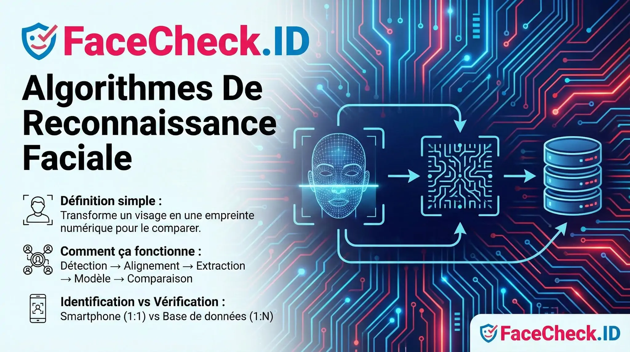 Infographie FaceCheck.ID expliquant le fonctionnement des Algorithmes De Reconnaissance Faciale, de la détection du visage à la comparaison dempreinte numérique en base de données.