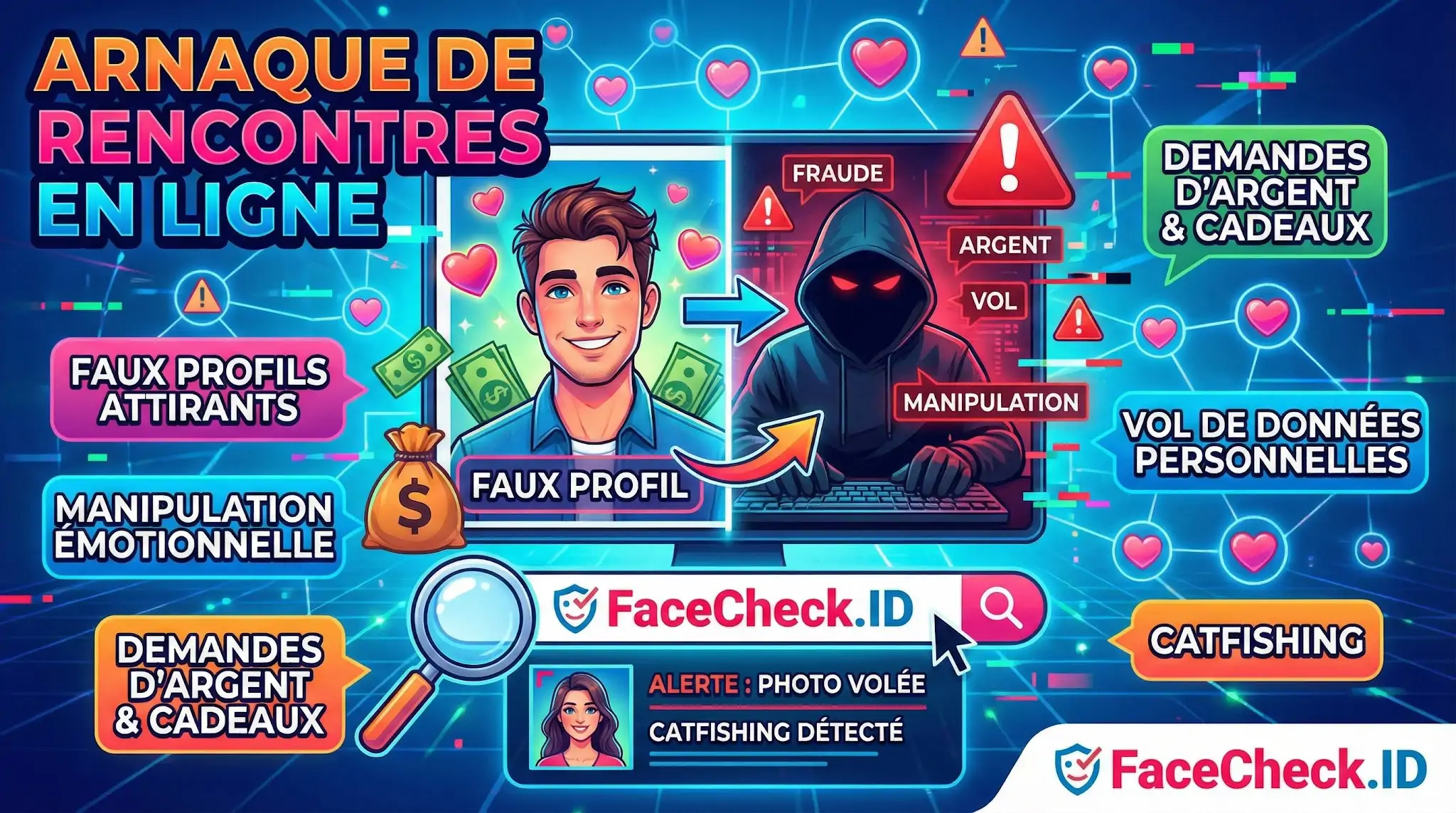 Arnaque De Rencontres En Ligne Infographie sur larnaque de rencontres en ligne montrant un faux profil cachant un hacker, les signes de catfishing et loutil de vérification FaceCheck.ID.
