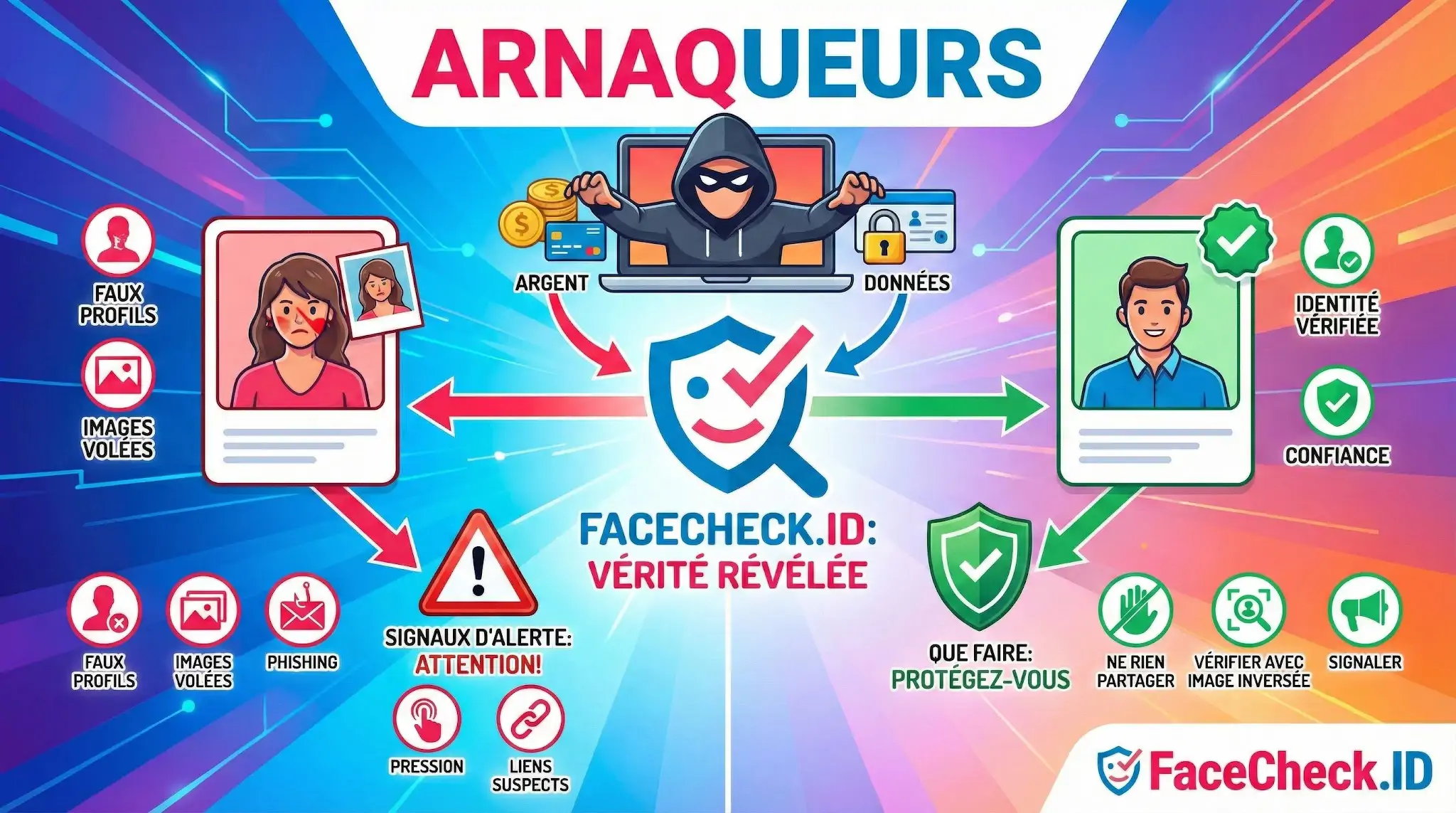 Infographie expliquant comment identifier les arnaqueurs en ligne via FaceCheck.ID pour éviter les faux profils et le vol de données.