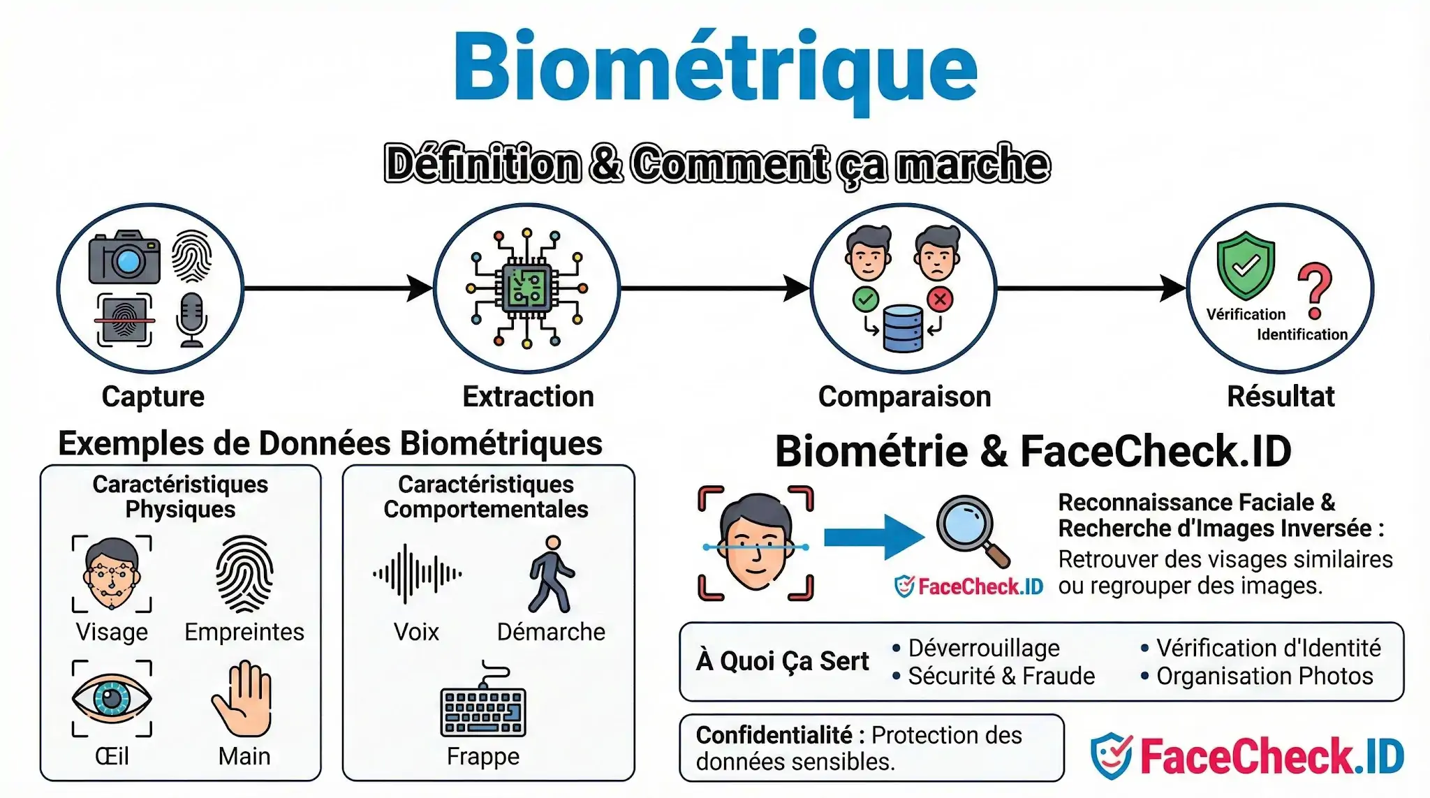 Schéma expliquant le fonctionnement de la technologie biométrique : capture, extraction, comparaison et résultat.