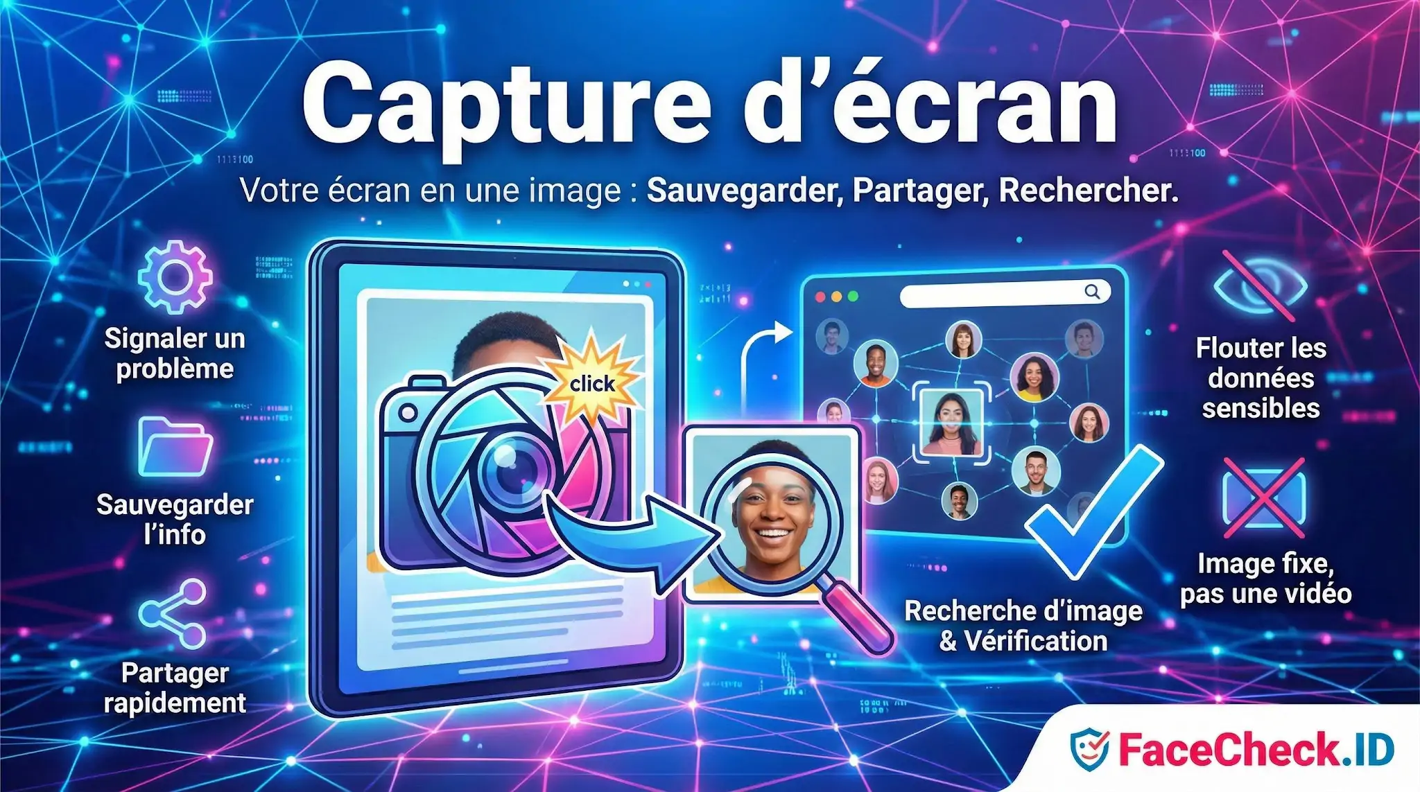 Infographie sur la capture décran montrant ses usages : sauvegarder, partager, flouter des données et effectuer une recherche dimage.