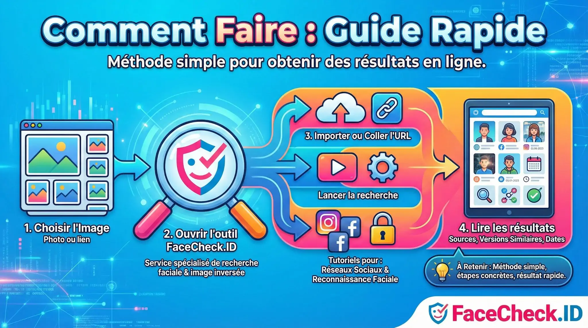 Comment Faire Infographie expliquant comment faire une recherche dimage inversée avec FaceCheck.ID en 4 étapes simples pour trouver des profils sociaux.