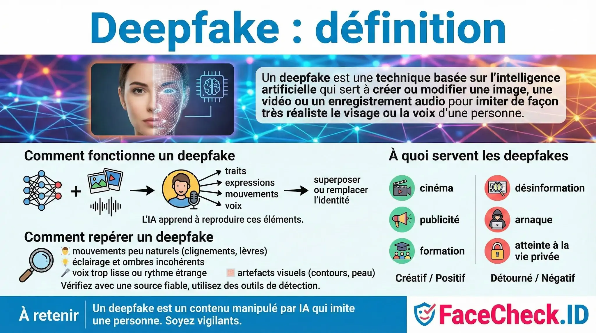 Infographie expliquant la définition du deepfake : une technique dIA pour imiter un visage ou une voix, ses usages positifs et négatifs, son fonctionnement et comment le repérer.