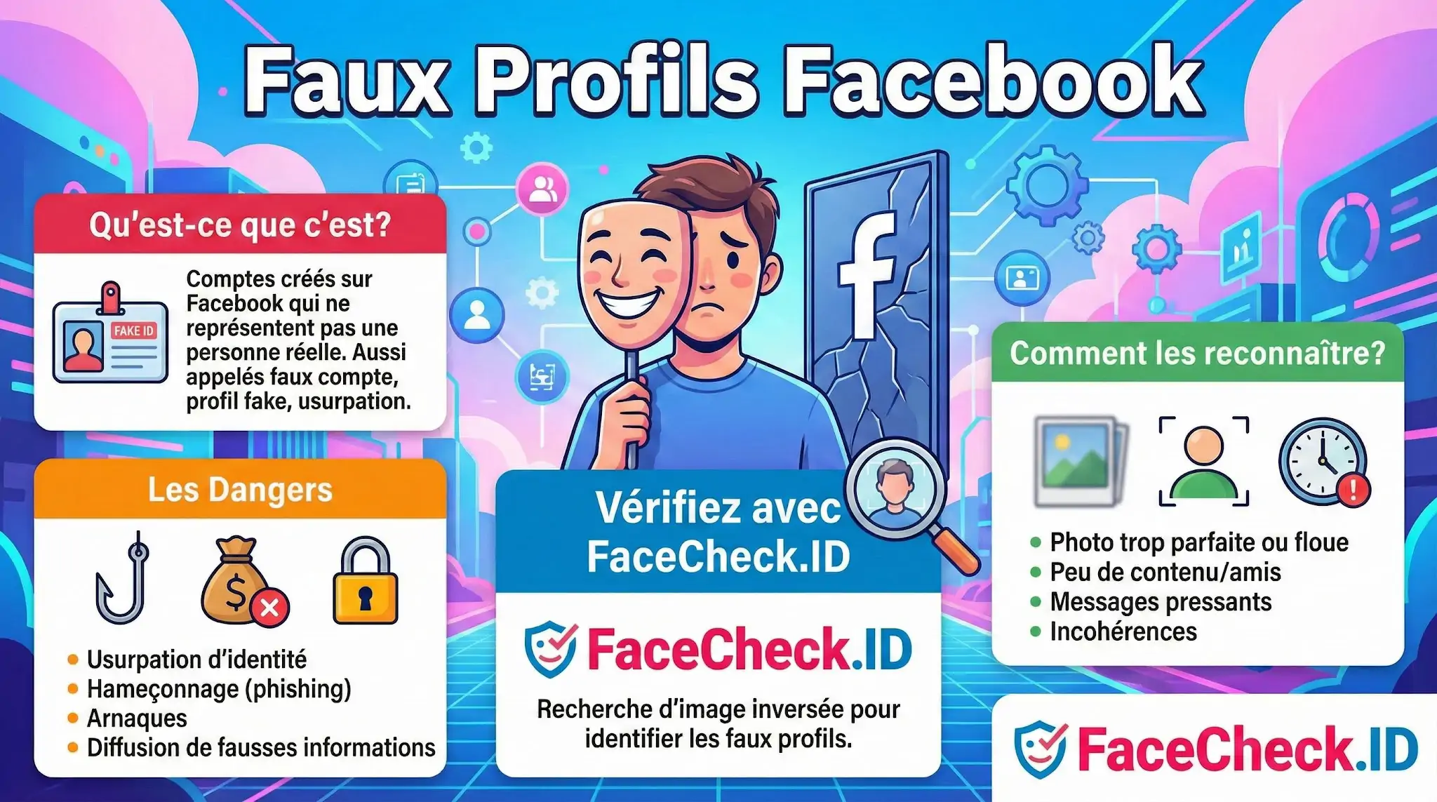 Infographie sur les faux profils Facebook : définition, dangers (usurpation, arnaques) et astuces pour les reconnaître, comme lutilisation de la recherche dimage inversée avec FaceCheck.ID.