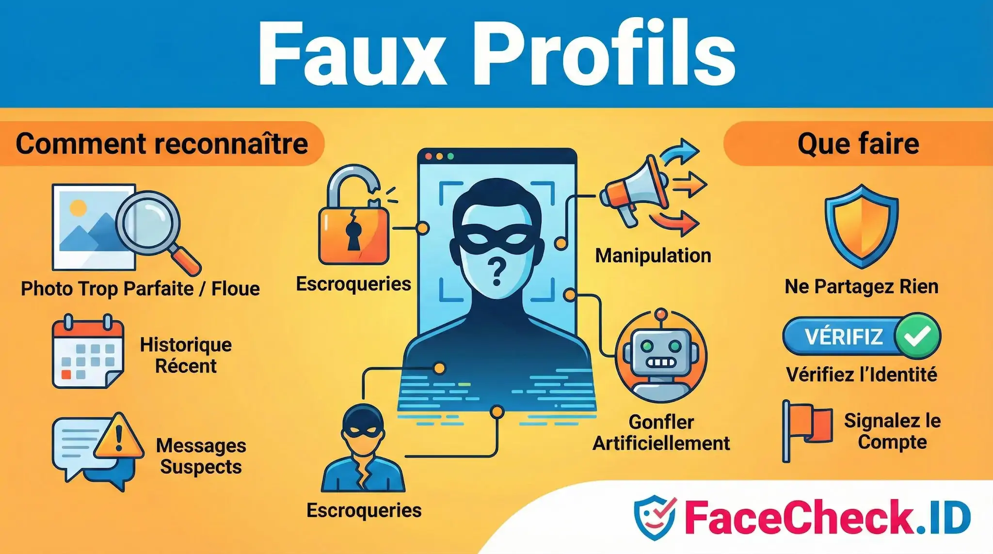 Infographie expliquant comment reconnaître les faux profils et réagir : vérifiez les photos, lhistorique et signalez le compte.